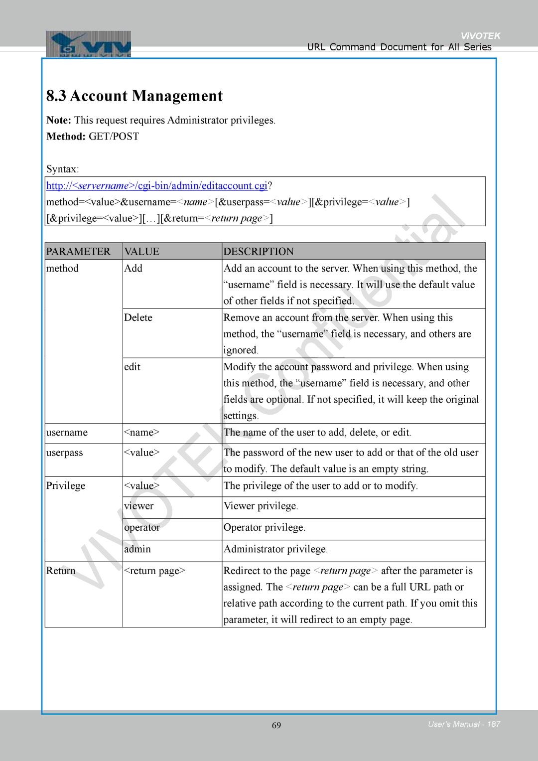 Vivotek 8154V, FD8154 user manual Account Management, Syntax 