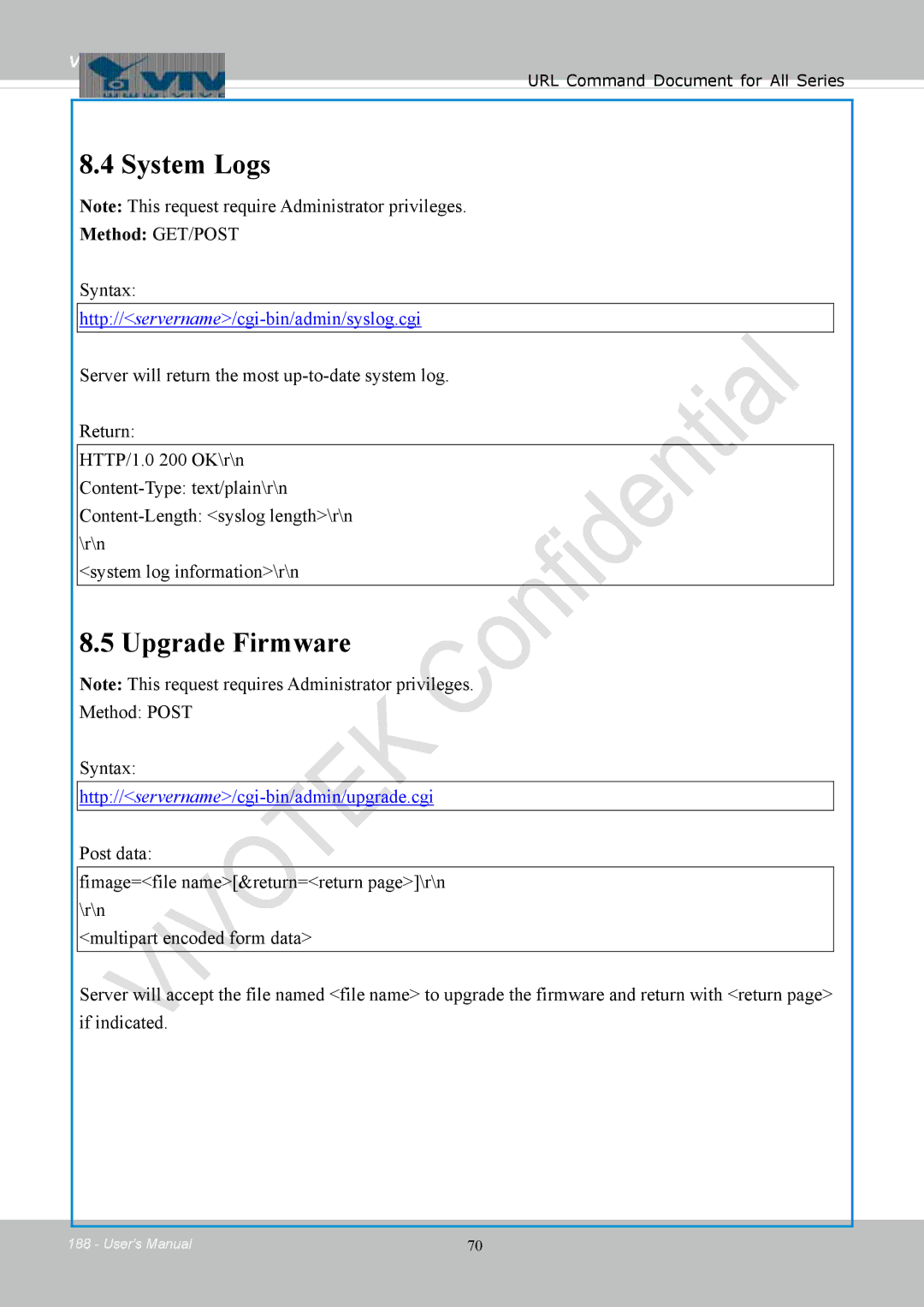 Vivotek FD8154, 8154V user manual System Logs, Upgrade Firmware, Method Post Syntax 