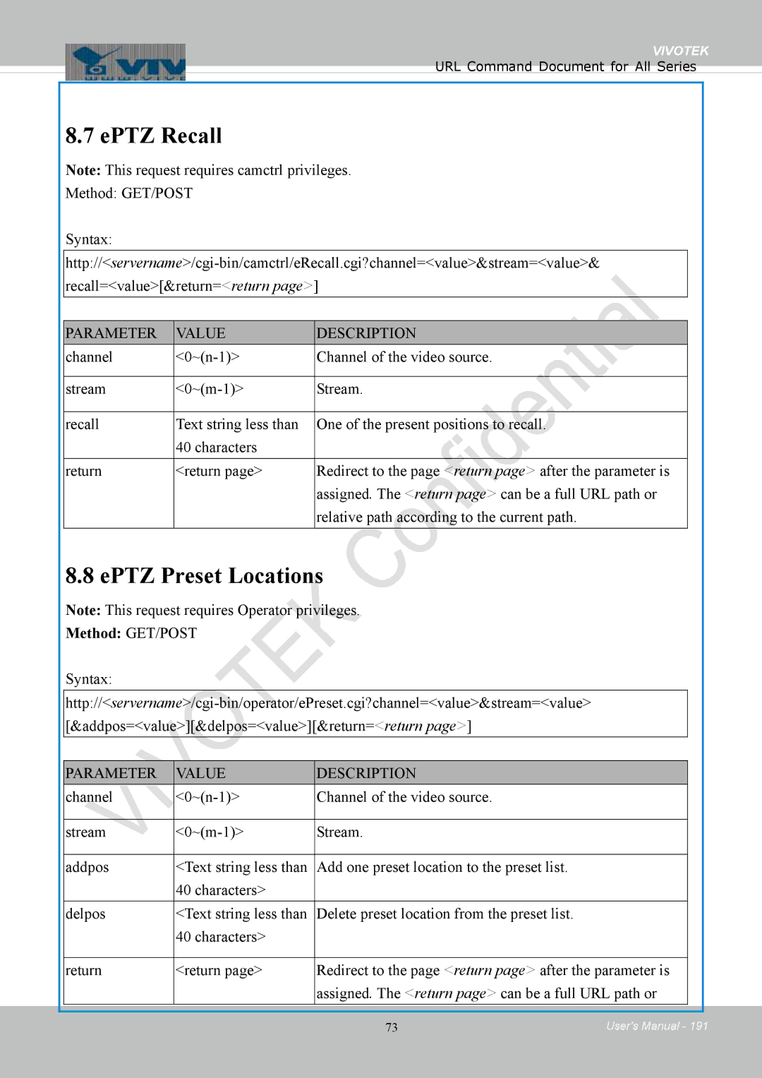 Vivotek 8154V, FD8154 user manual EPTZ Recall, EPTZ Preset Locations 