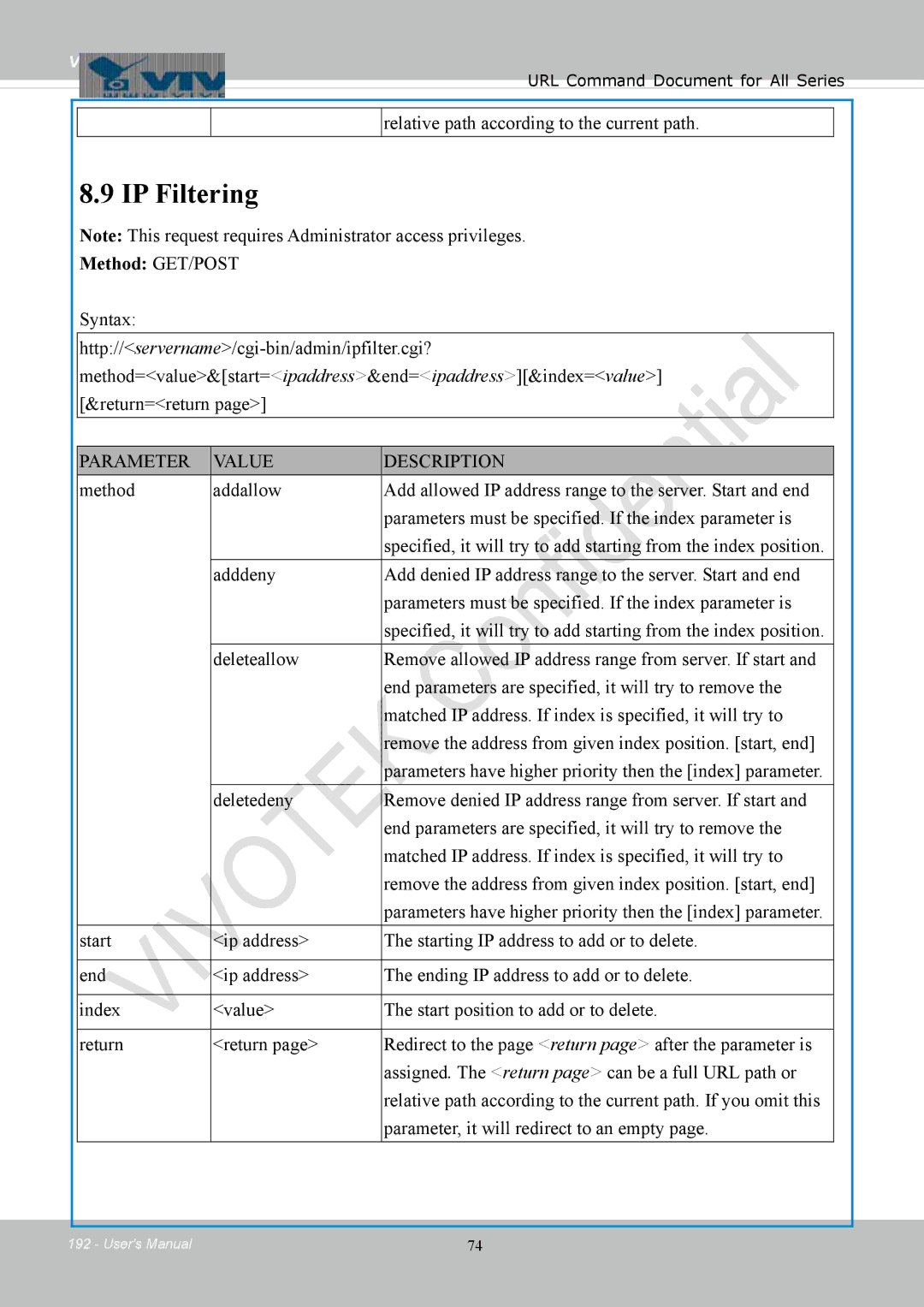 Vivotek FD8154, 8154V user manual IP Filtering 