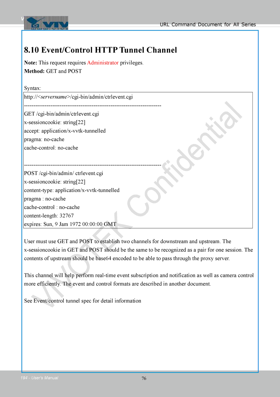 Vivotek FD8154, 8154V user manual Event/Control Http Tunnel Channel 