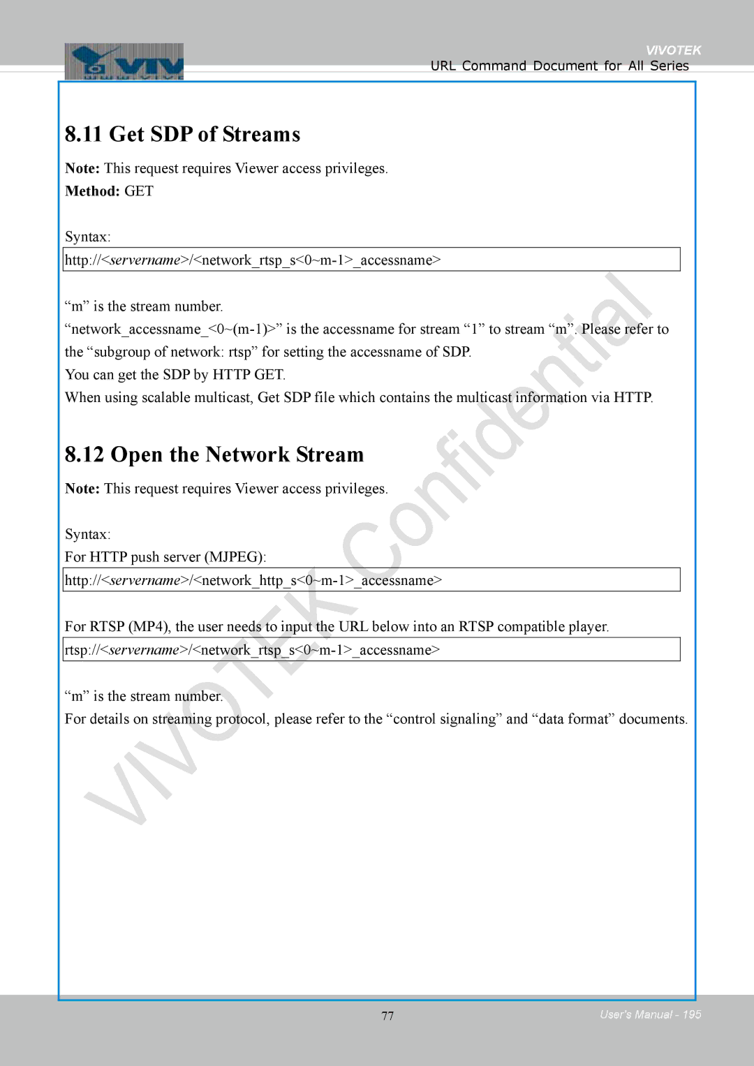 Vivotek 8154V, FD8154 user manual Get SDP of Streams, Open the Network Stream, Method GET 