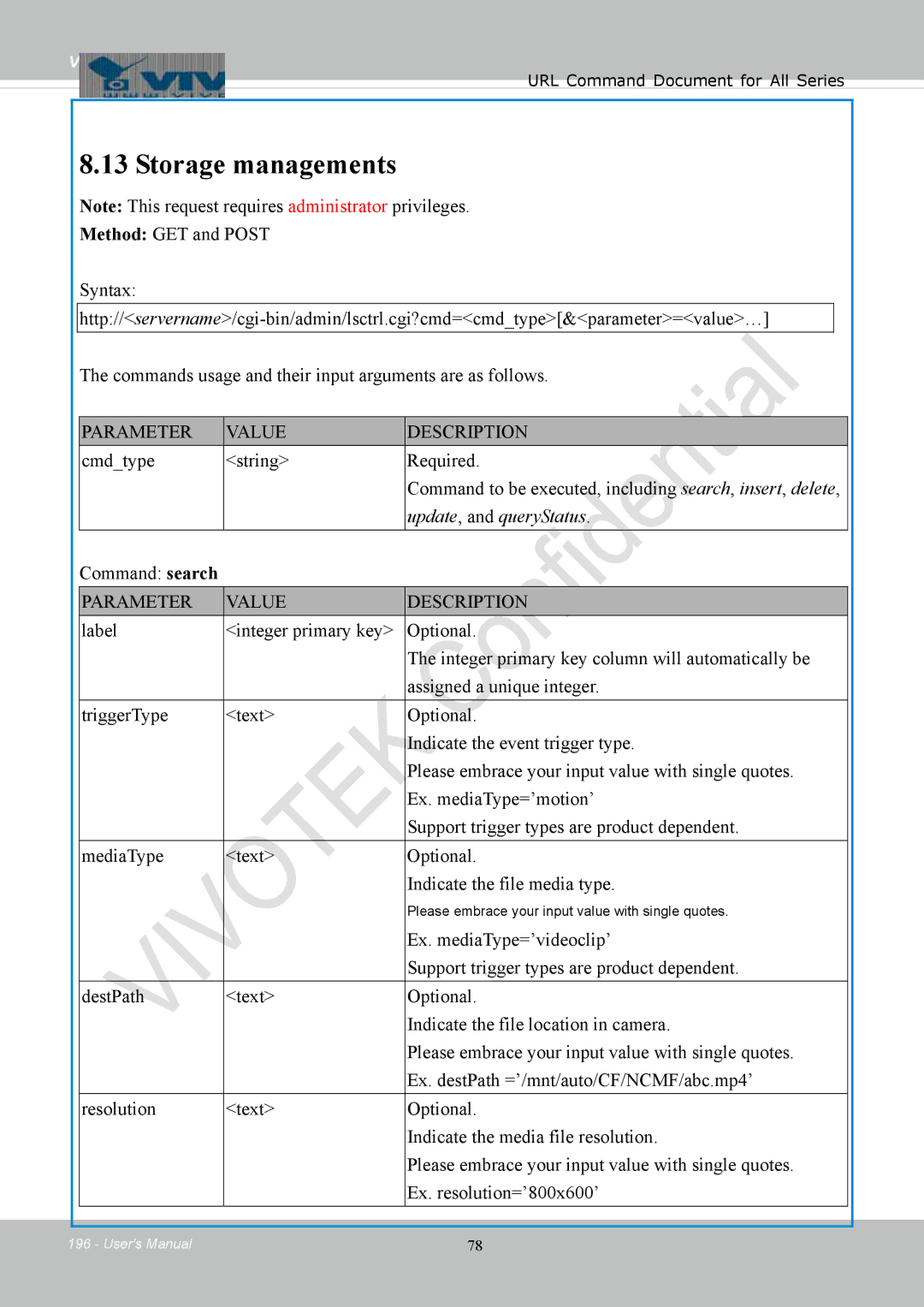 Vivotek FD8154, 8154V user manual Storage managements, Command search 