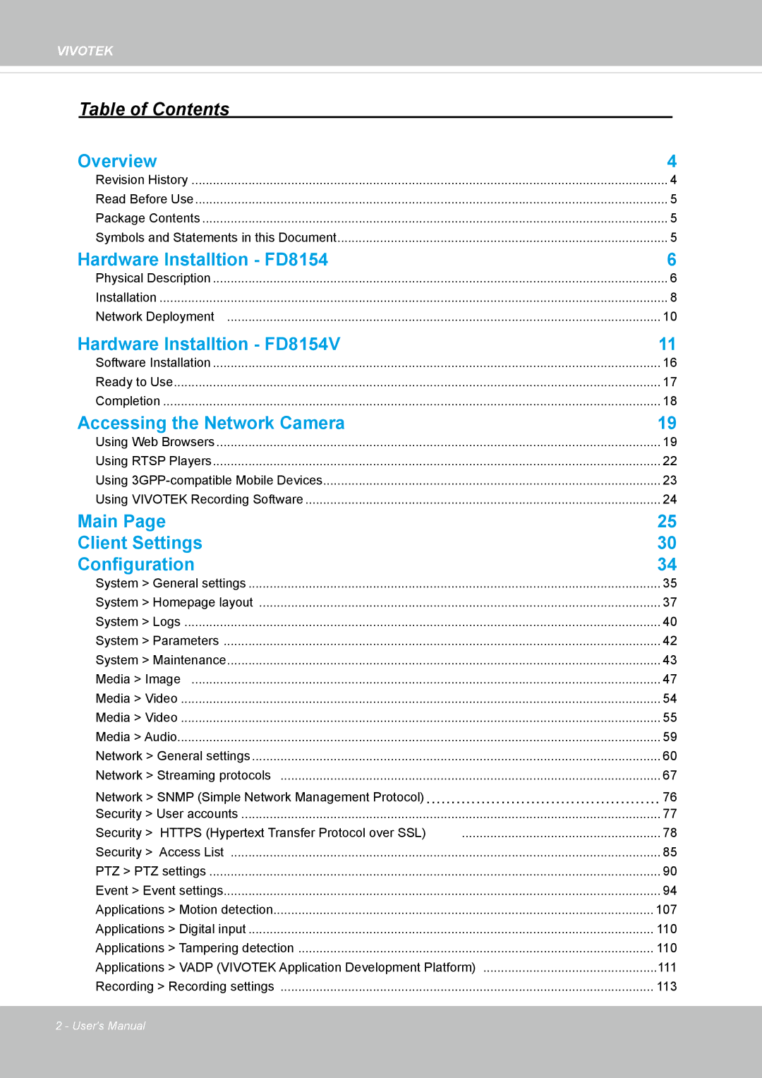 Vivotek FD8154, 8154V user manual Table of Contents 