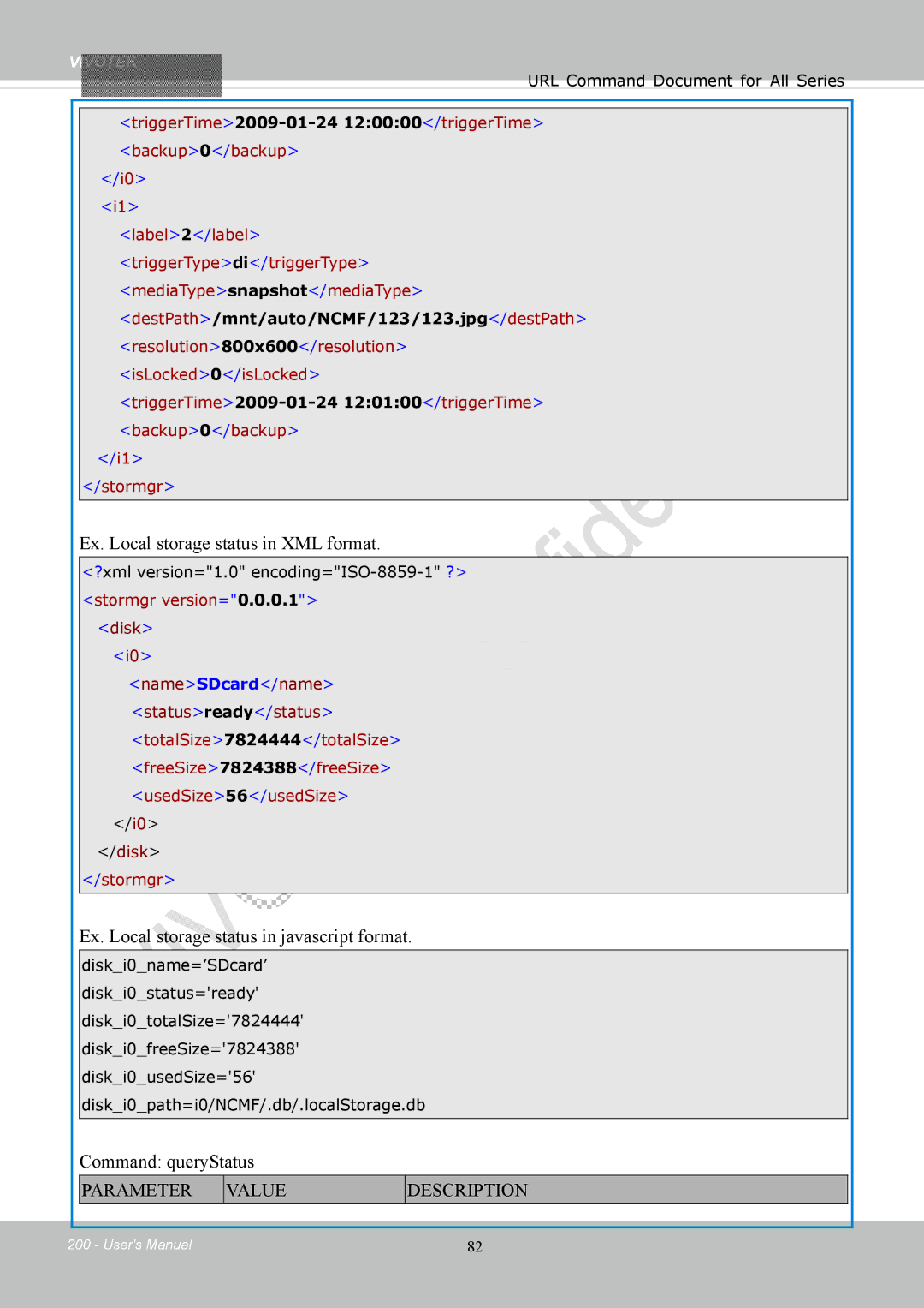 Vivotek FD8154 Ex. Local storage status in XML format, Ex. Local storage status in javascript format, Command queryStatus 