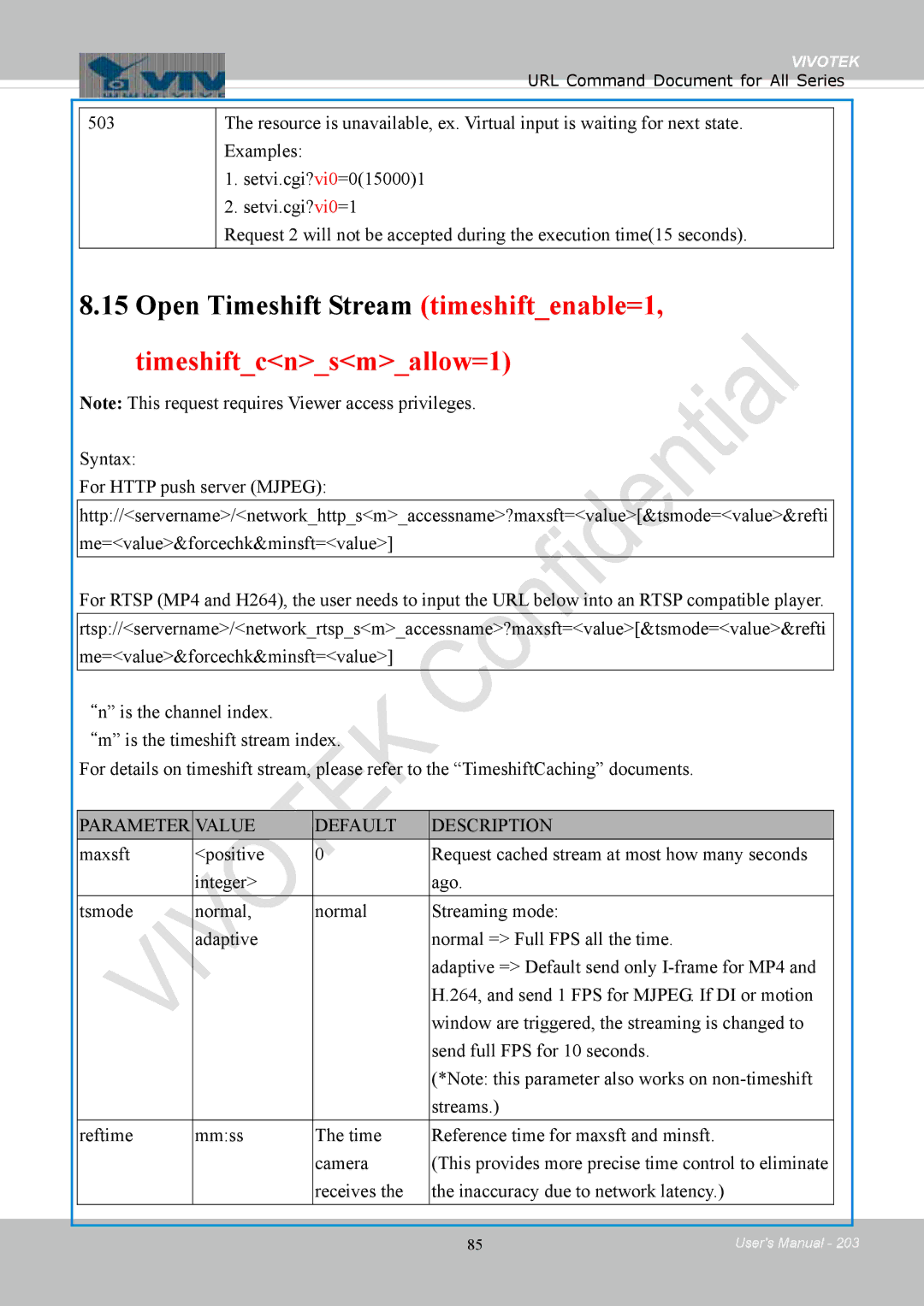 Vivotek 8154V, FD8154 user manual Open Timeshift Stream timeshiftenable=1, Timeshiftcnsmallow=1 