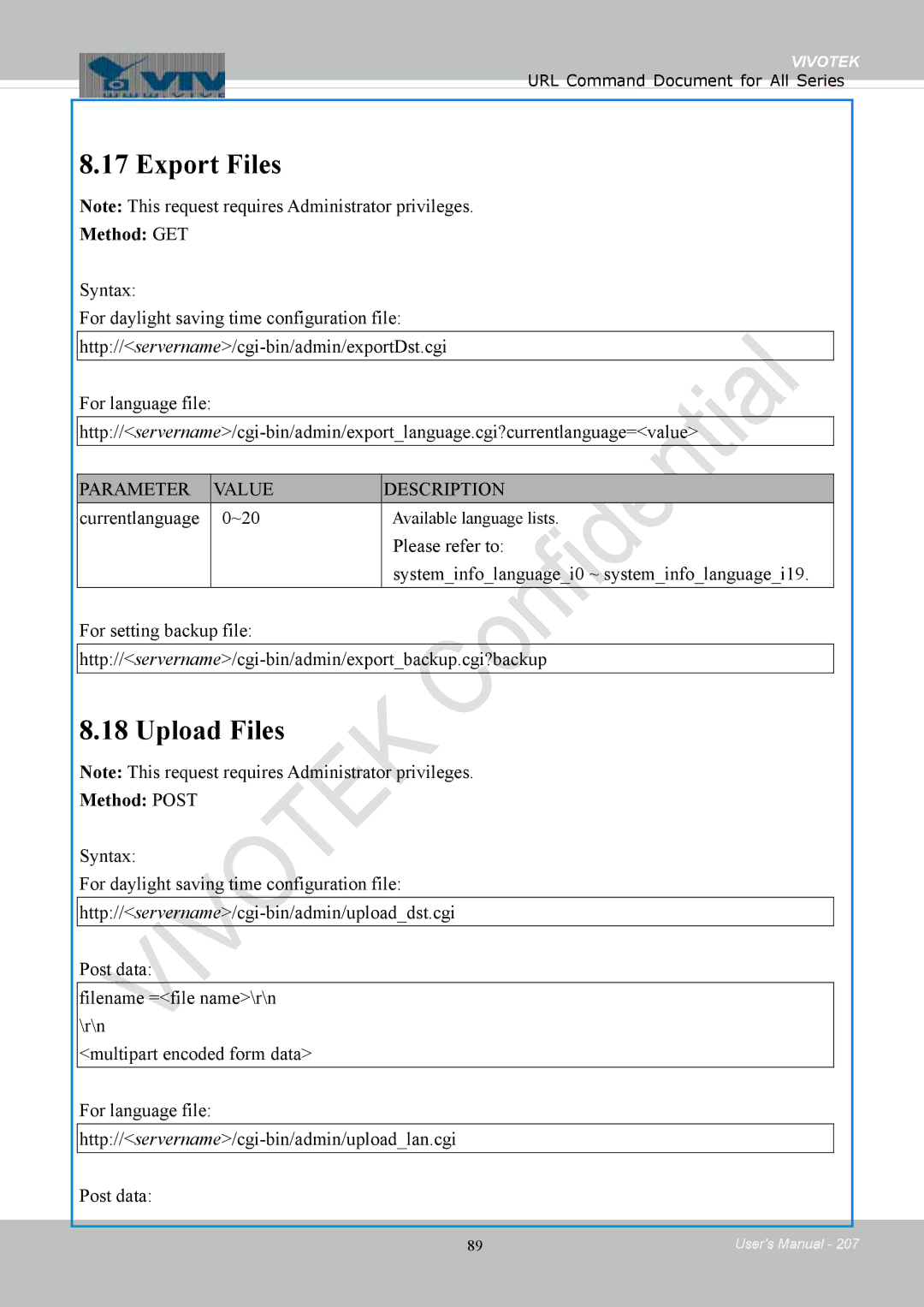 Vivotek 8154V, FD8154 user manual Export Files, Upload Files, Currentlanguage ~20, Method Post 