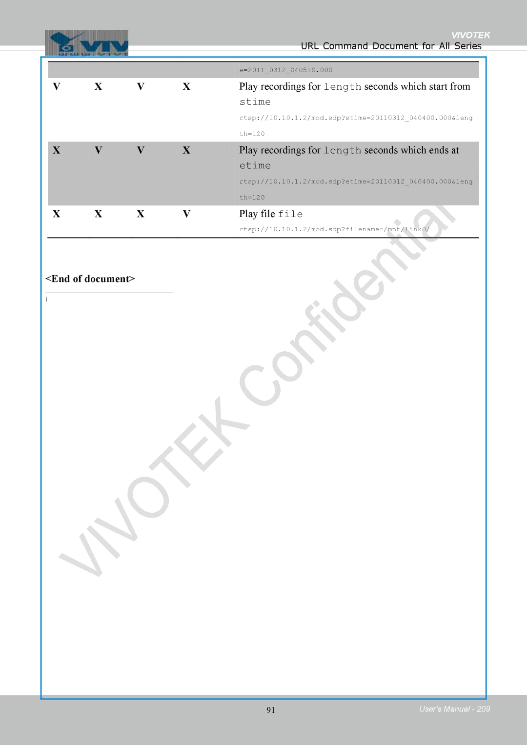 Vivotek 8154V Play recordings for length seconds which start from, Play recordings for length seconds which ends at 