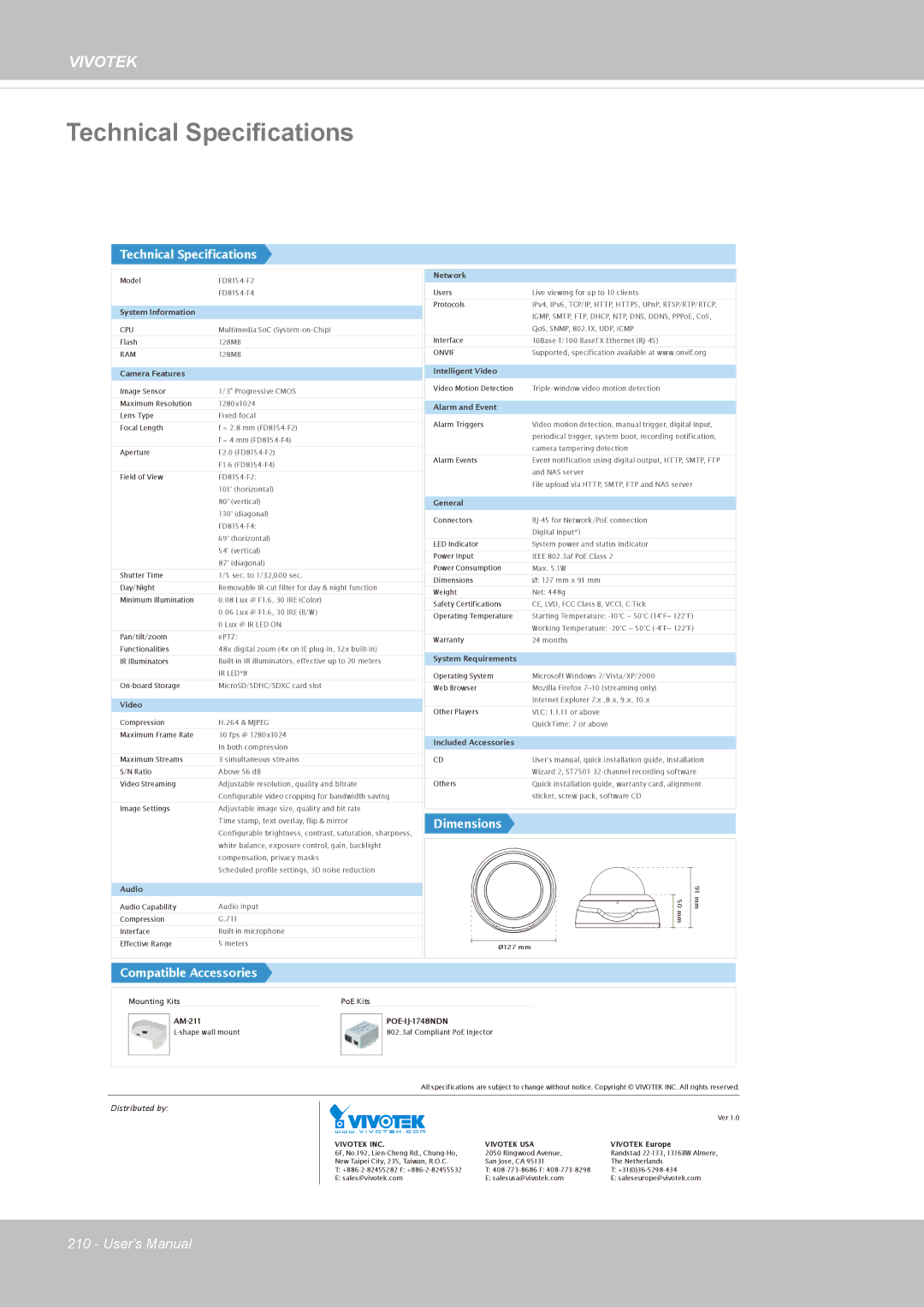 Vivotek FD8154, 8154V user manual Technical Specifications 