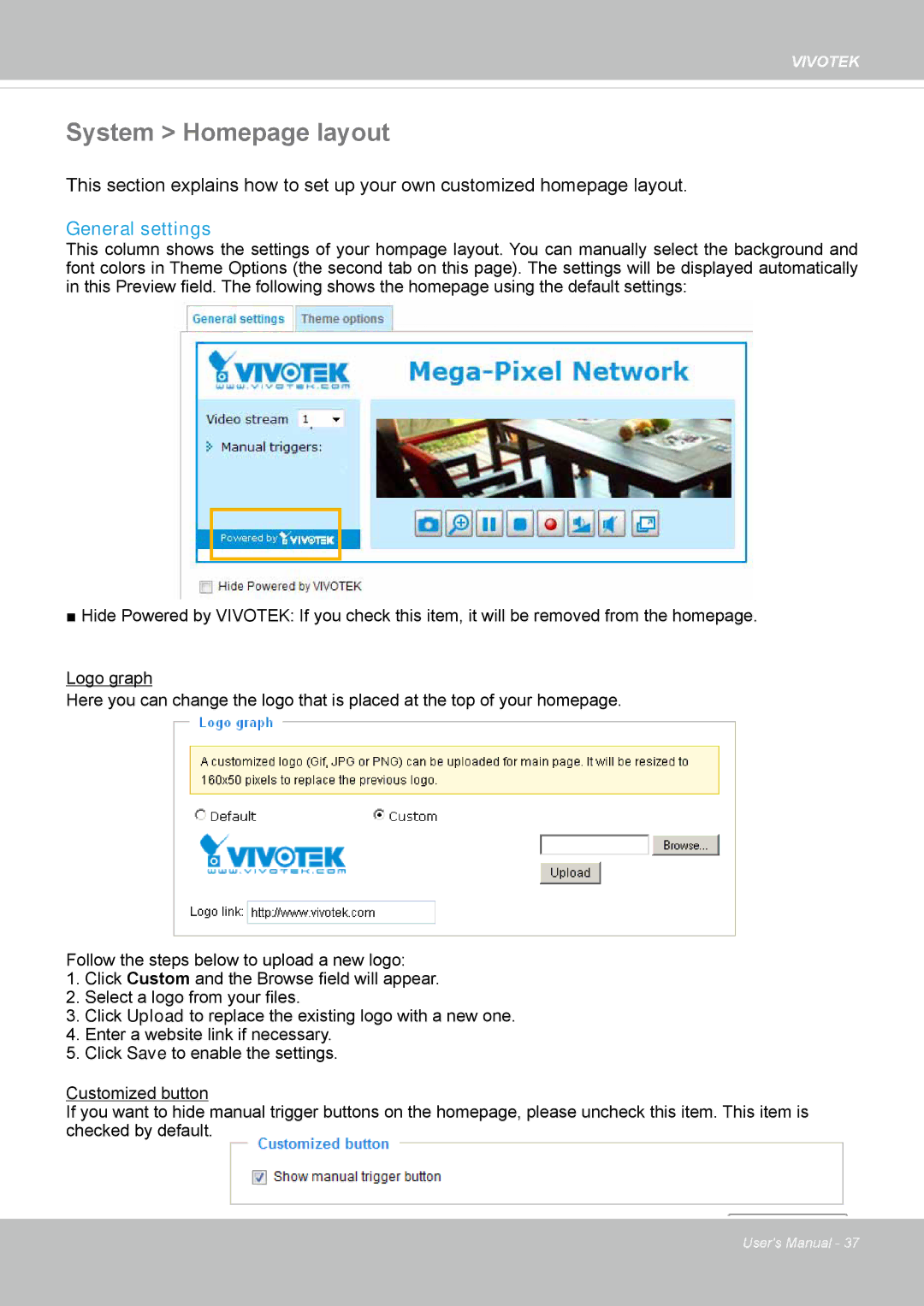 Vivotek 8154V, FD8154 user manual System Homepage layout, General settings 