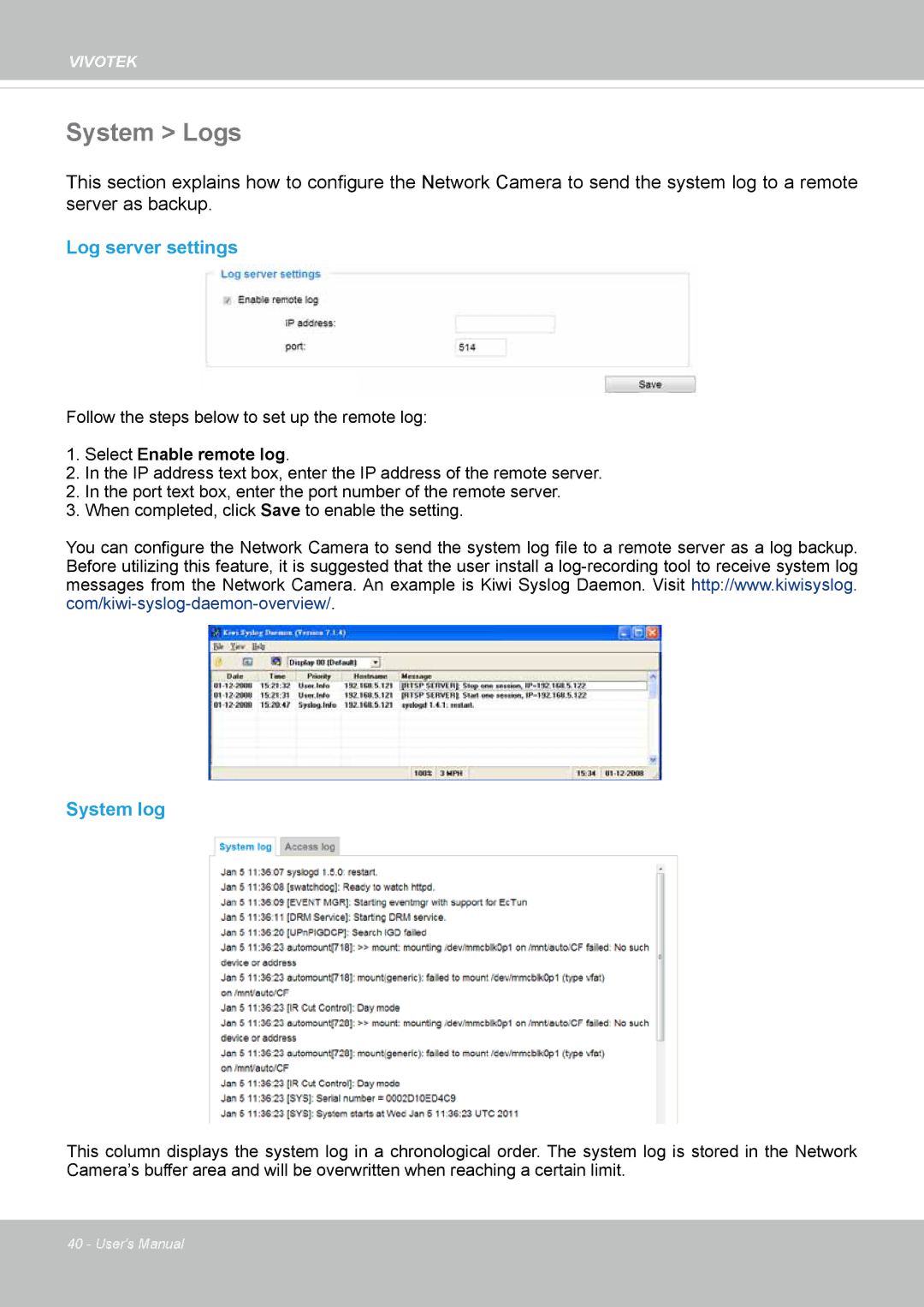 Vivotek FD8154, 8154V user manual System Logs, Log server settings, System log 