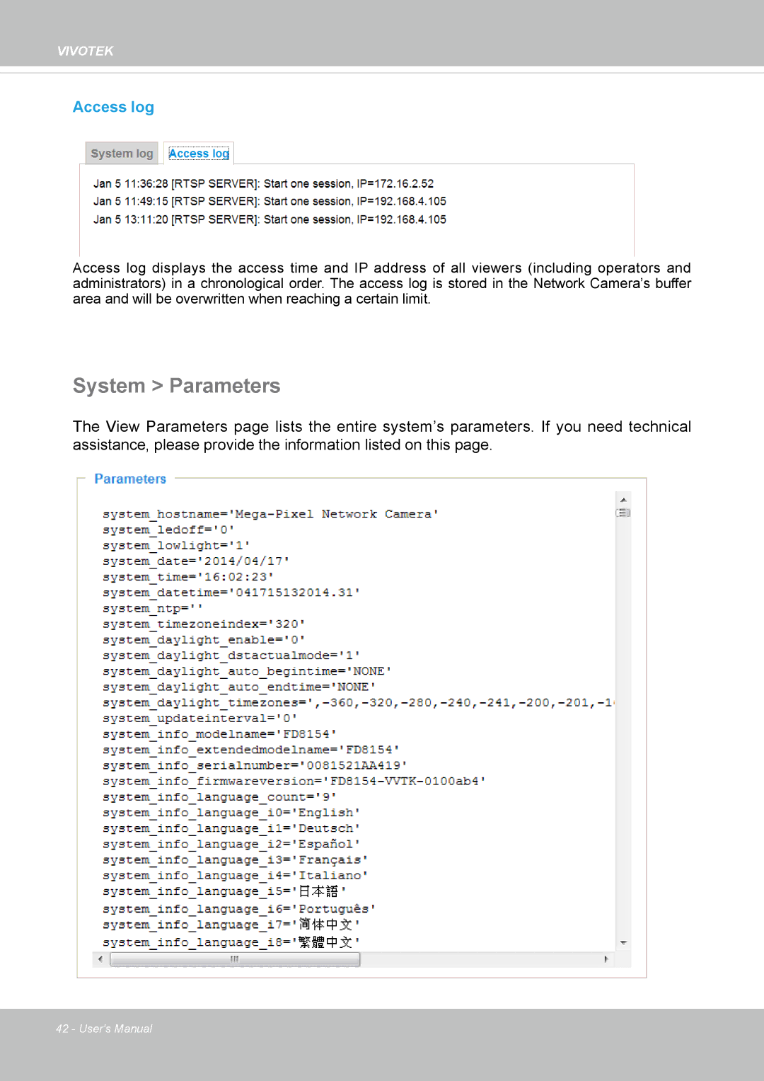 Vivotek FD8154, 8154V user manual System Parameters, Access log 