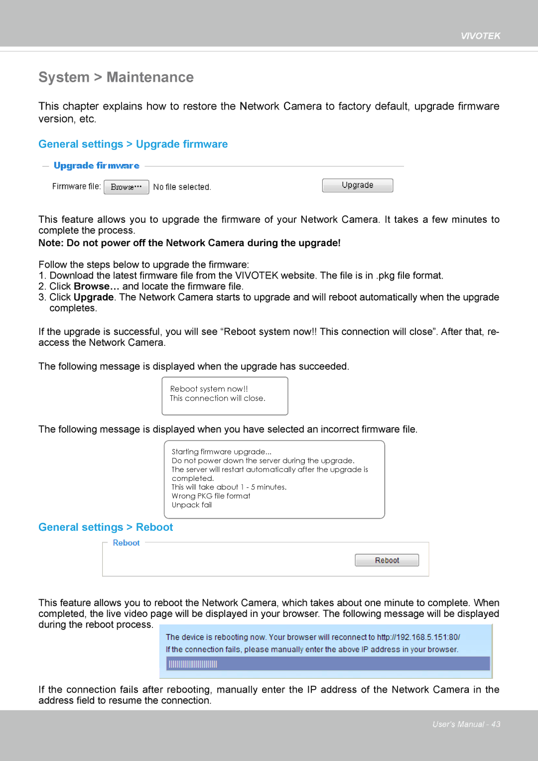 Vivotek 8154V, FD8154 user manual System Maintenance, General settings Upgrade firmware, General settings Reboot 