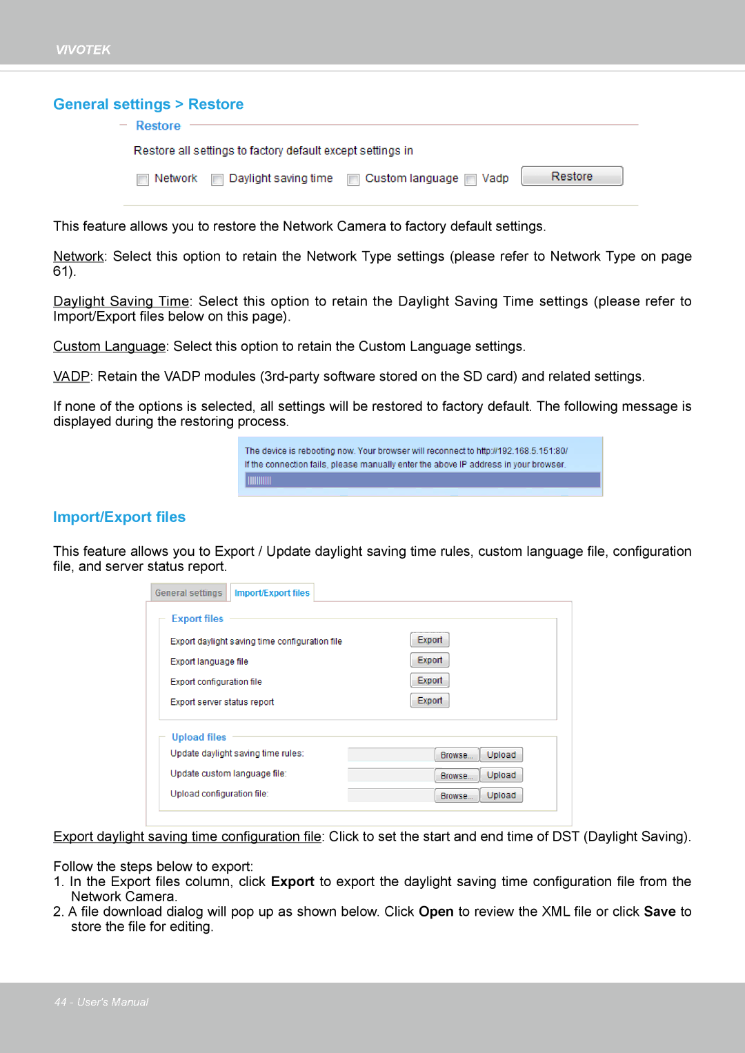 Vivotek FD8154, 8154V user manual General settings Restore, Import/Export files 
