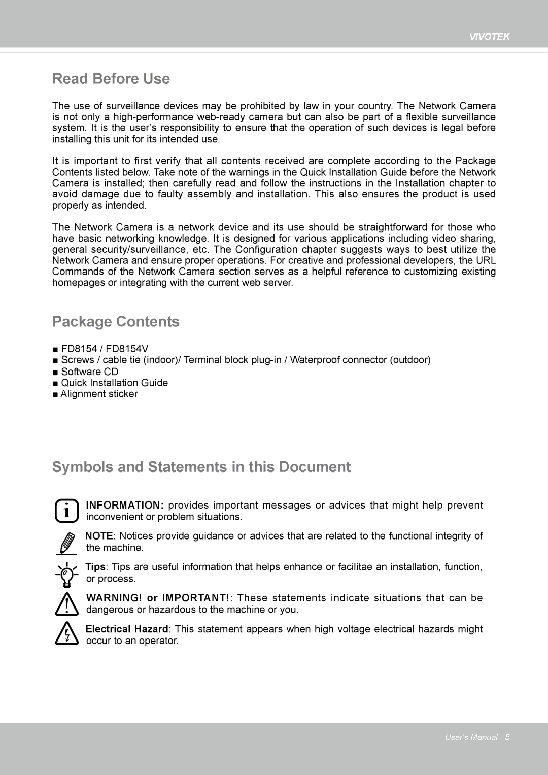 Vivotek 8154V, FD8154 user manual Read Before Use, Package Contents, Symbols and Statements in this Document 