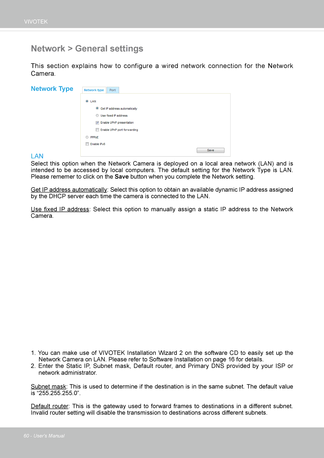 Vivotek FD8154, 8154V user manual Network General settings, Network Type 