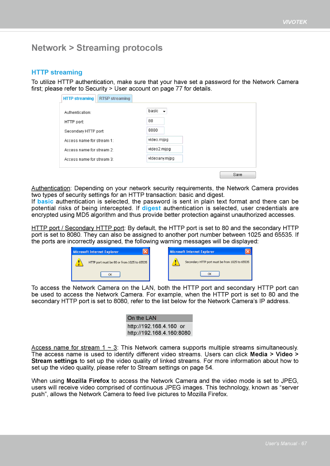 Vivotek 8154V, FD8154 user manual Network Streaming protocols, Http streaming 