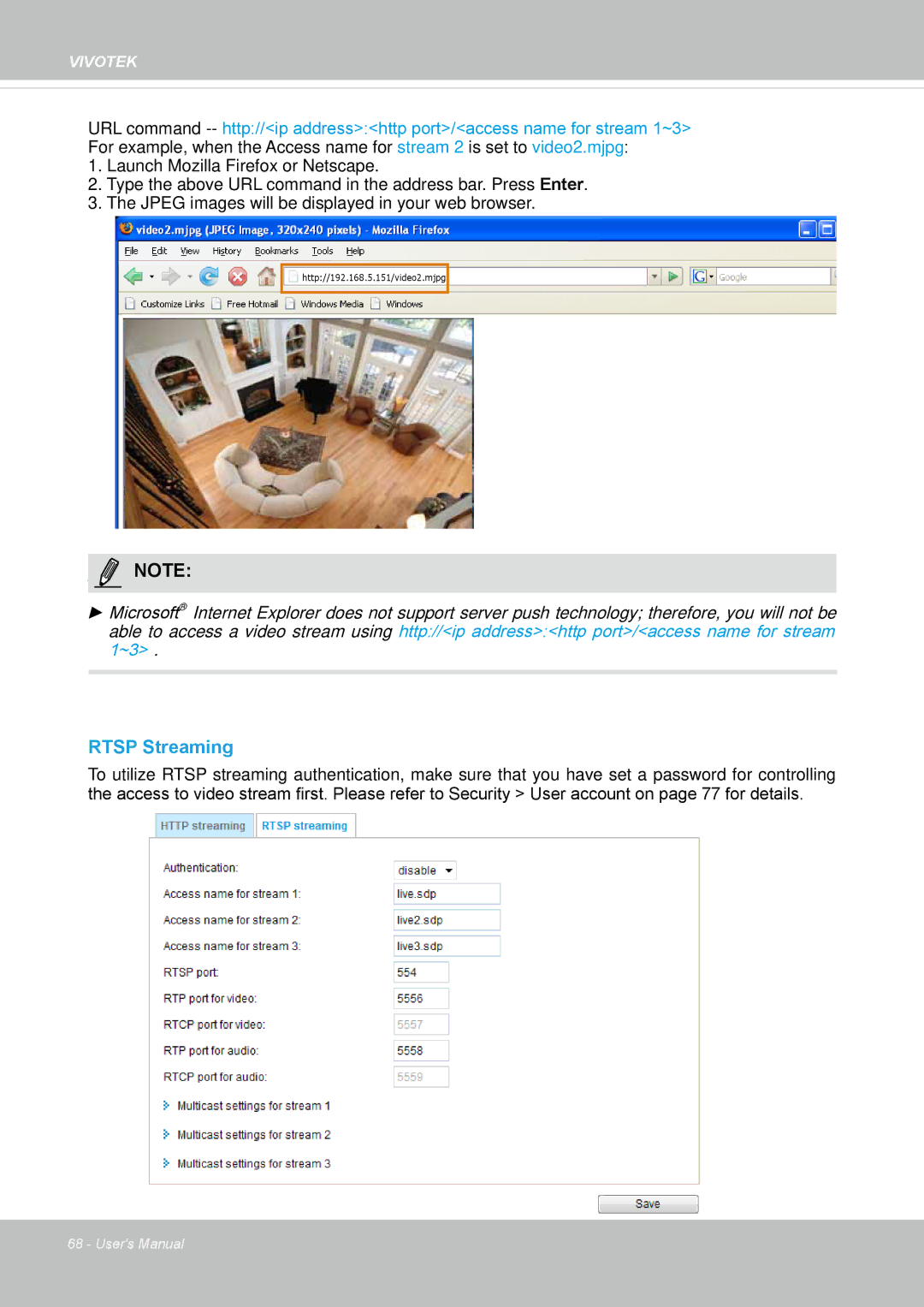 Vivotek FD8154, 8154V user manual Rtsp Streaming 