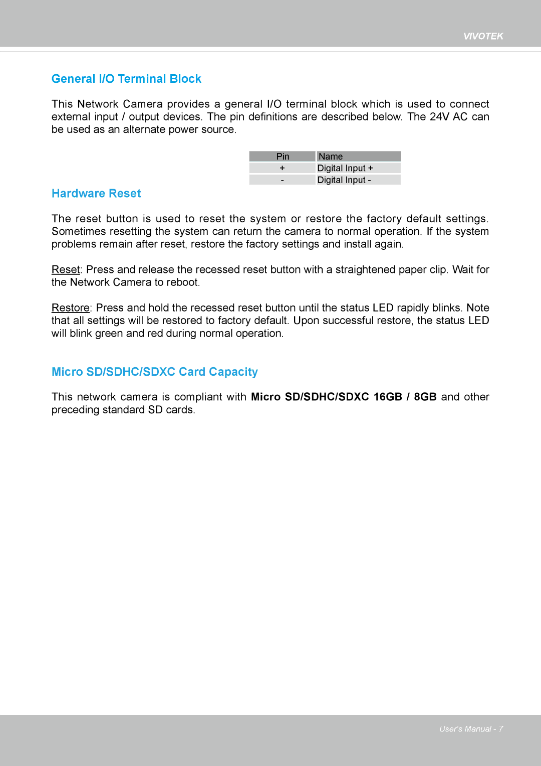 Vivotek 8154V, FD8154 user manual Hardware Reset 