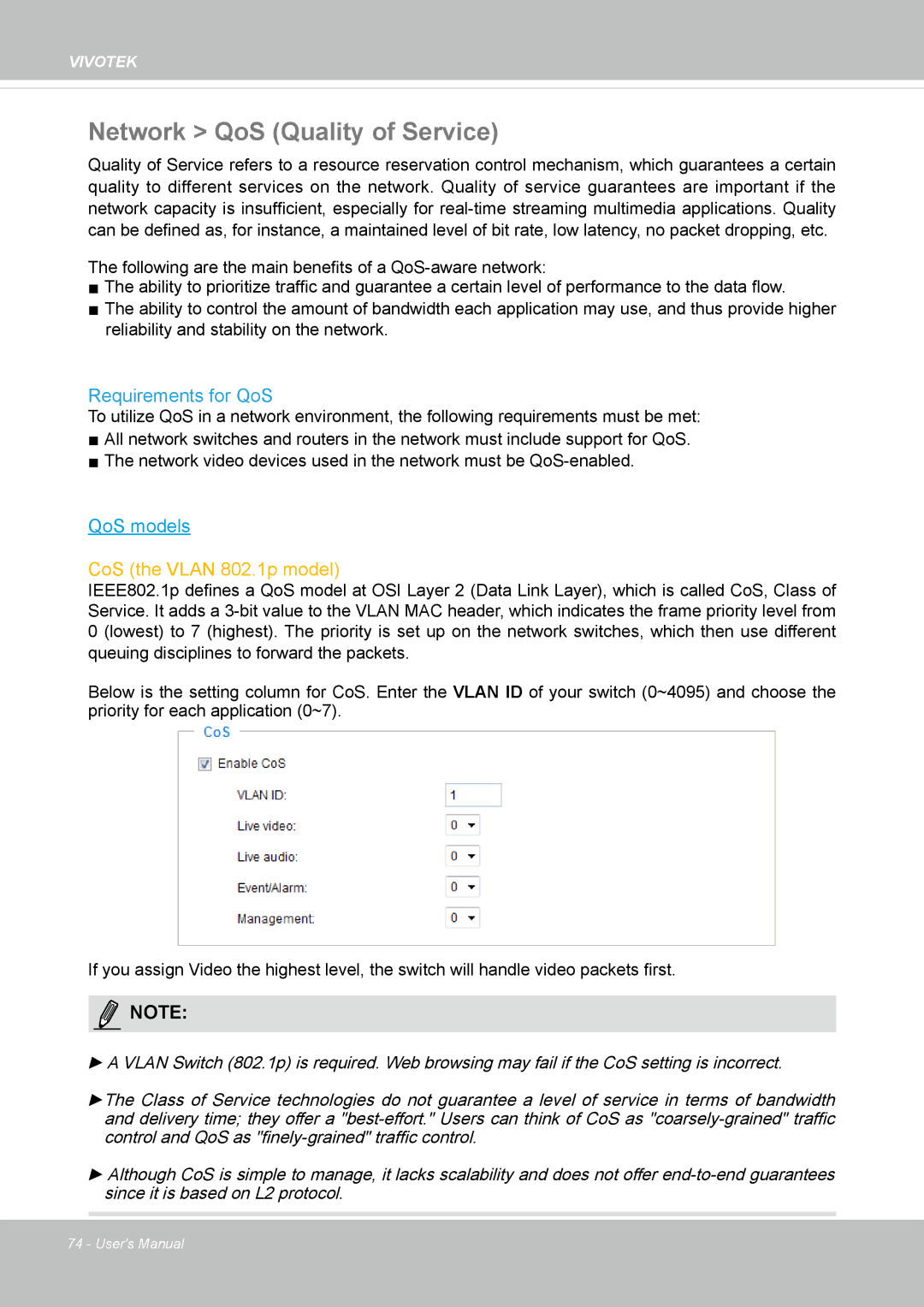 Vivotek FD8154, 8154V user manual Network QoS Quality of Service, Requirements for QoS 