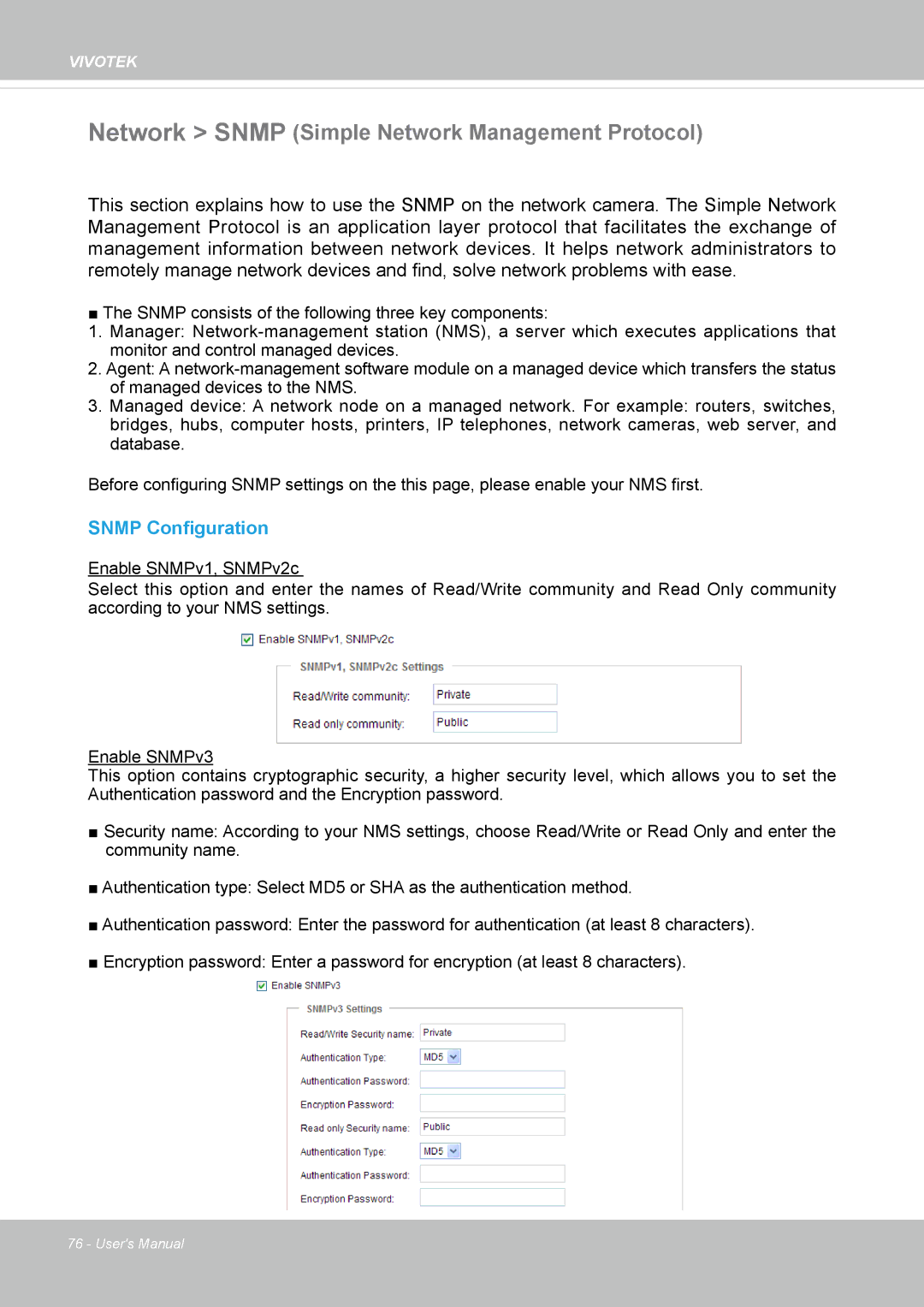 Vivotek FD8154, 8154V user manual Network Snmp Simple Network Management Protocol, Snmp Configuration 