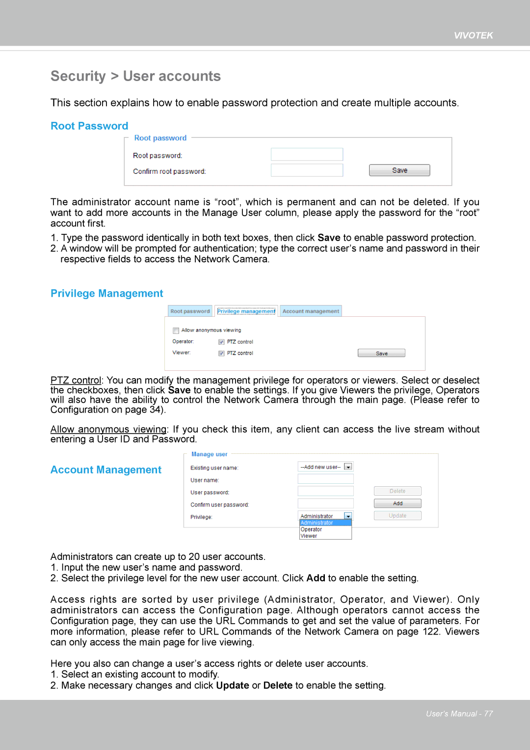 Vivotek 8154V, FD8154 user manual Security User accounts, Root Password, Privilege Management, Account Management 