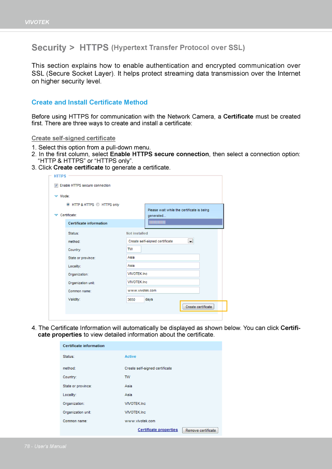 Vivotek FD8154, 8154V user manual Security Https Hypertext Transfer Protocol over SSL, Create and Install Certificate Method 