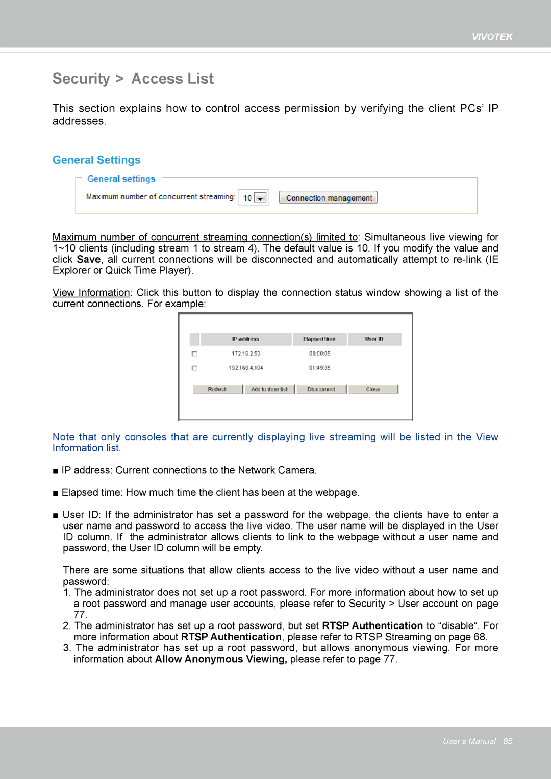 Vivotek 8154V, FD8154 user manual Security Access List, General Settings 