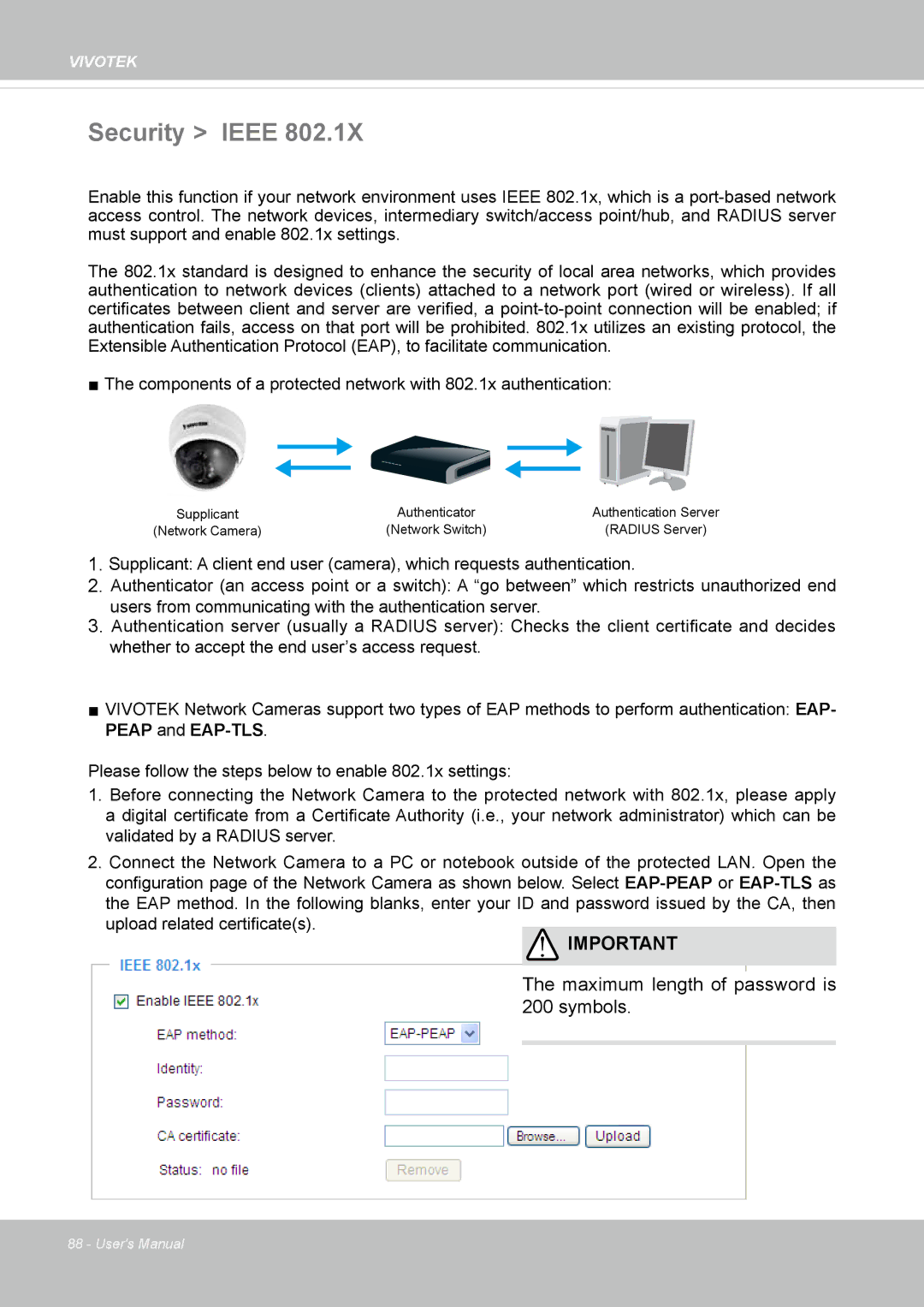 Vivotek FD8154, 8154V user manual Security Ieee, Maximum length of password is 200 symbols 