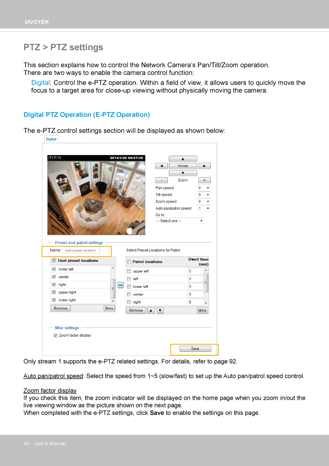 Vivotek FD8154, 8154V user manual PTZ PTZ settings, X1.8 