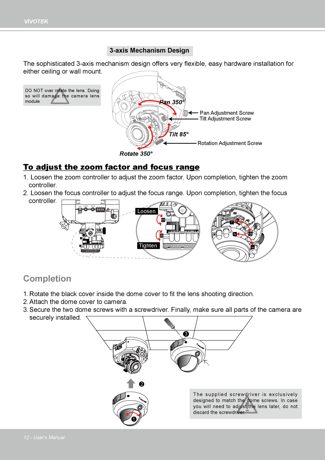 Vivotek FD8161 manual Completion, Axis Mechanism Design 