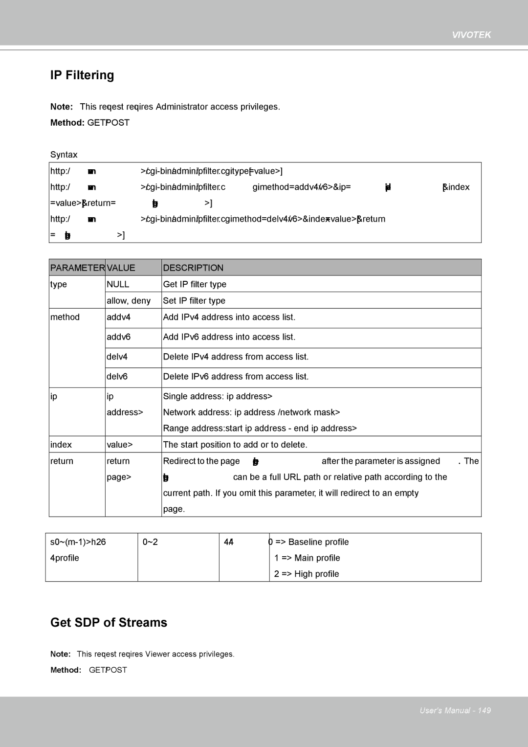 Vivotek FD8161 manual IP Filtering, Get SDP of Streams 