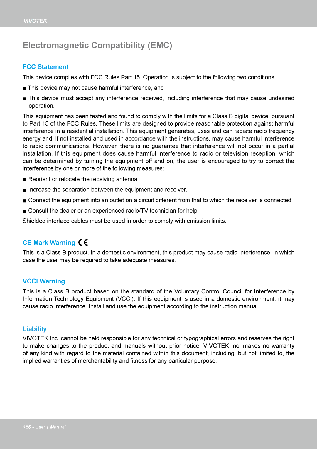 Vivotek FD8161 manual Electromagnetic Compatibility EMC, Liability 