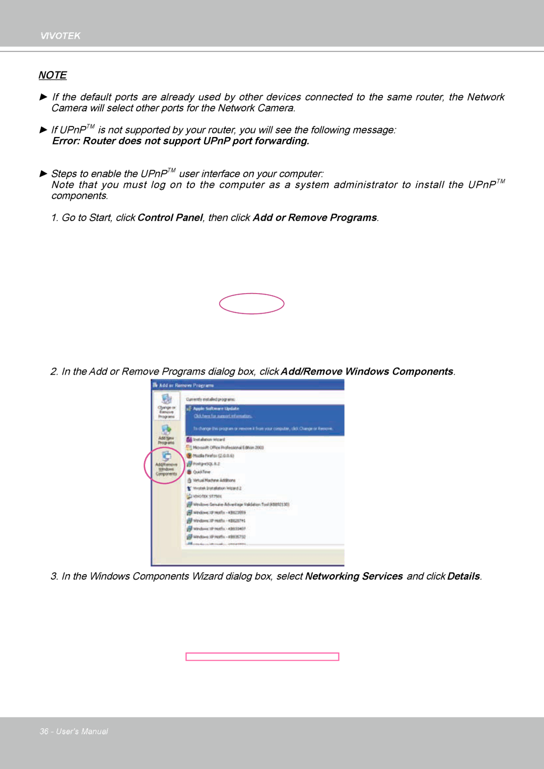 Vivotek FD8161 manual Error Router does not support UPnP port forwarding 