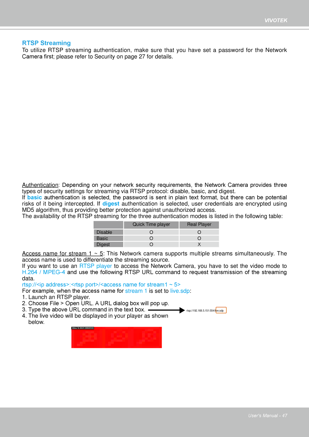Vivotek FD8161 manual Rtsp Streaming 