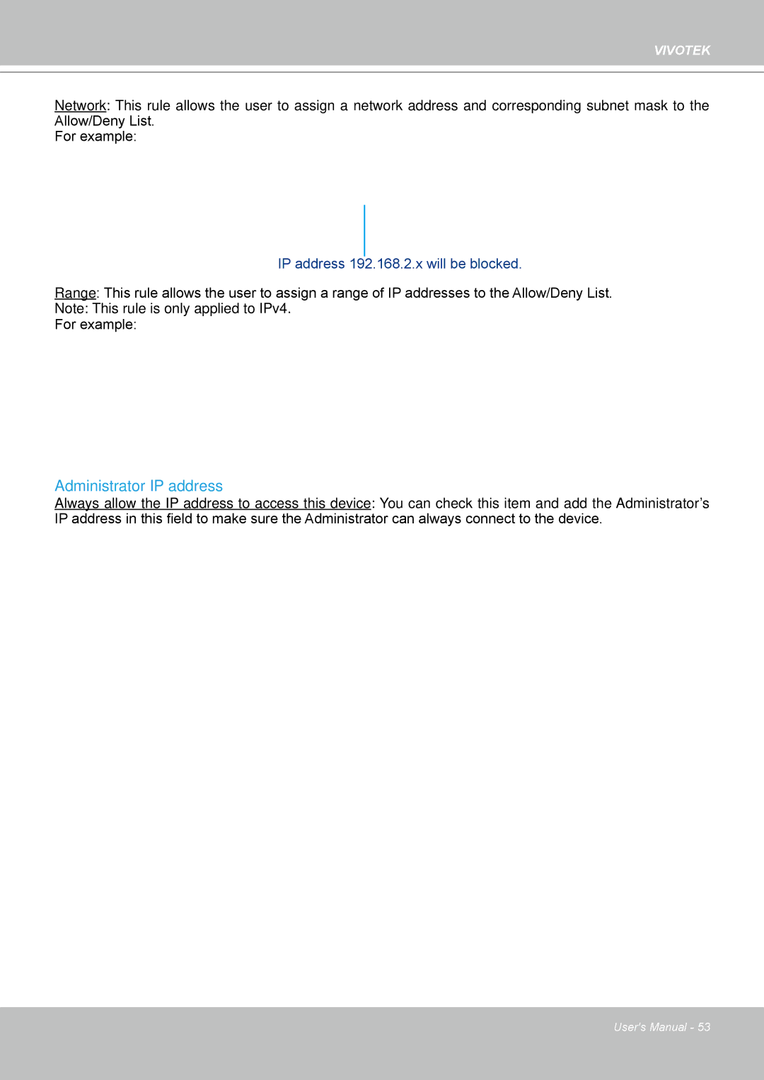 Vivotek FD8161 manual Administrator IP address, IP address 192.168.2.x will be blocked 