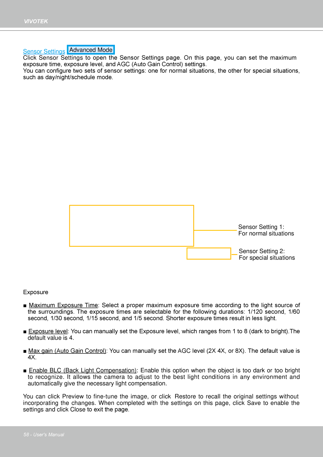 Vivotek FD8161 manual Sensor Settings Advanced Mode 
