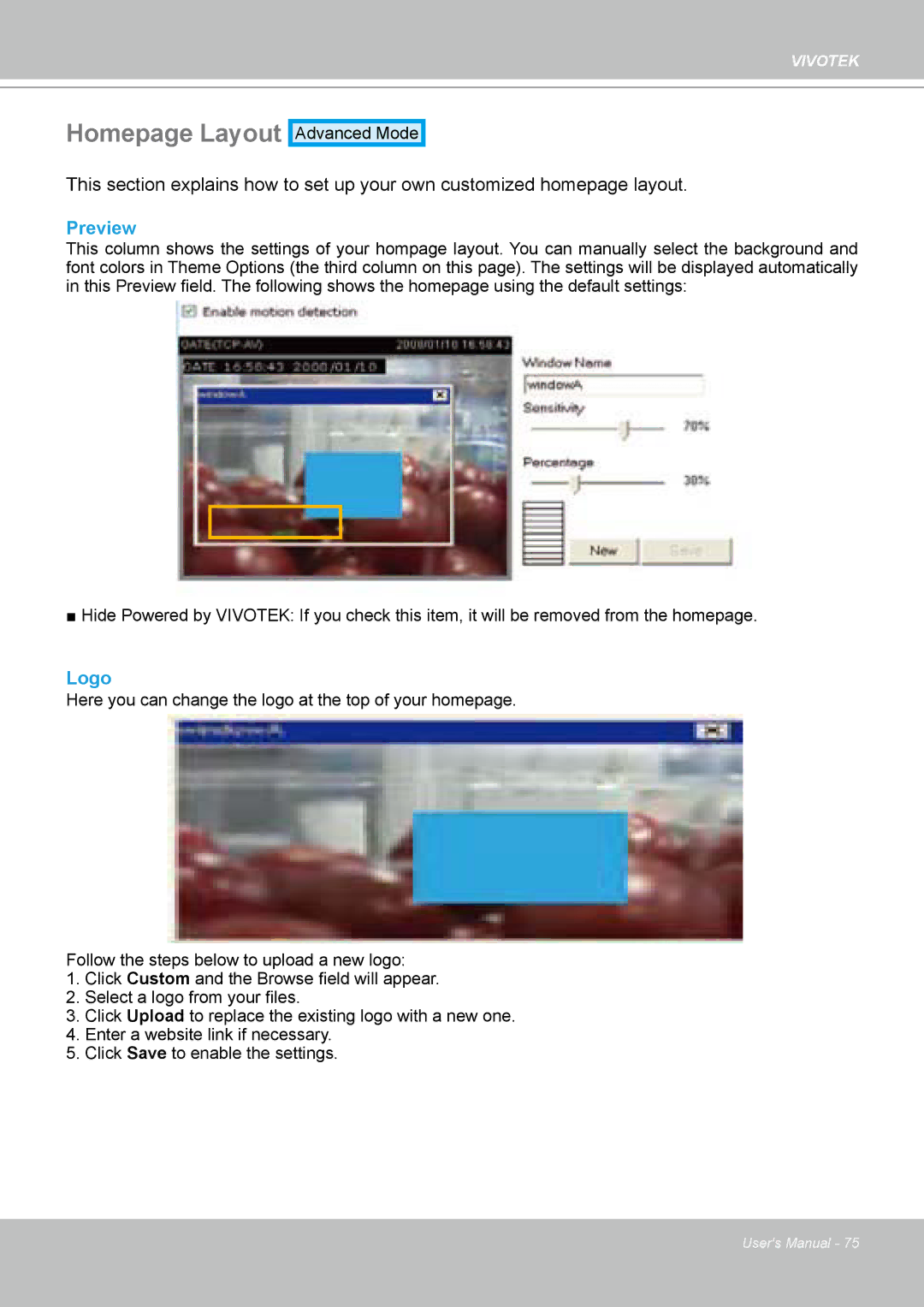 Vivotek FD8161 manual Homepage Layout, Preview, Logo 