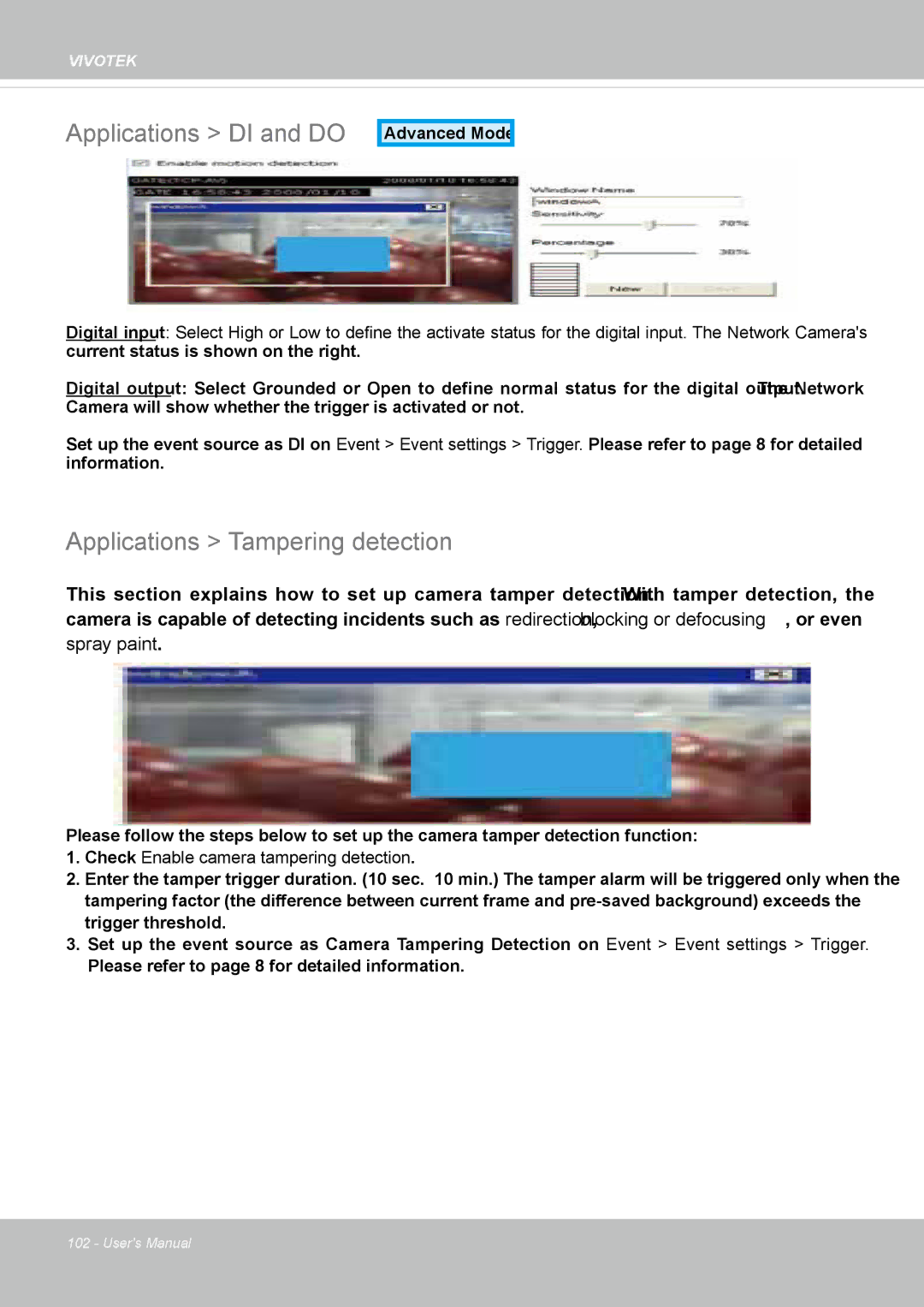 Vivotek FD8162 manual Applications DI and do, Applications Tampering detection 