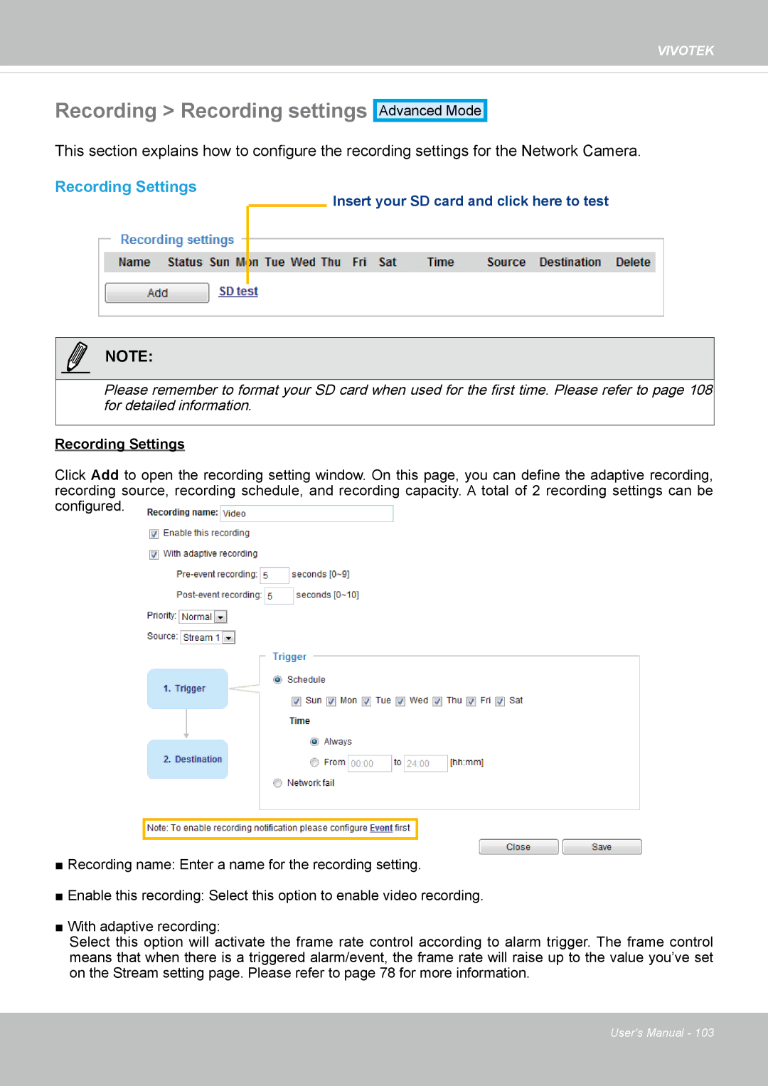 Vivotek FD8162 manual Recording Recording settings, Recording Settings 