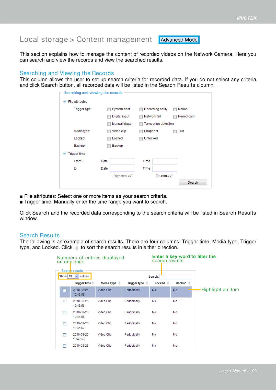 Vivotek FD8162 manual Local storage Content management, Searching and Viewing the Records, Search Results 