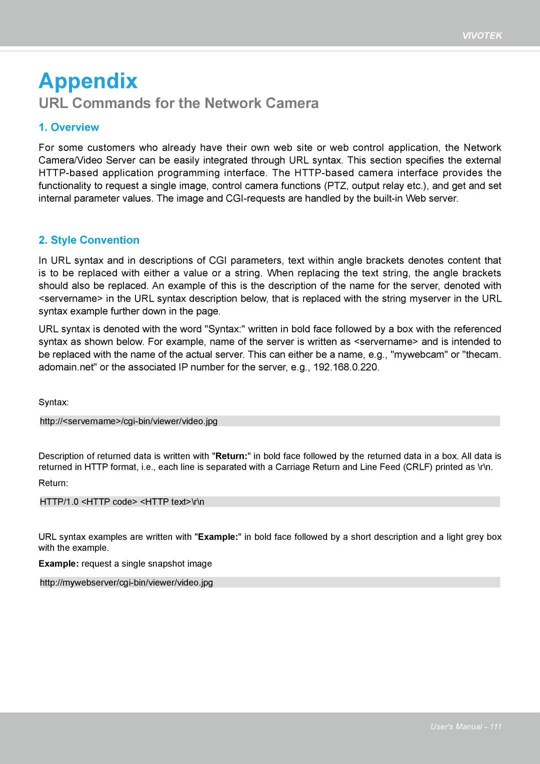 Vivotek FD8162 manual Appendix, URL Commands for the Network Camera 