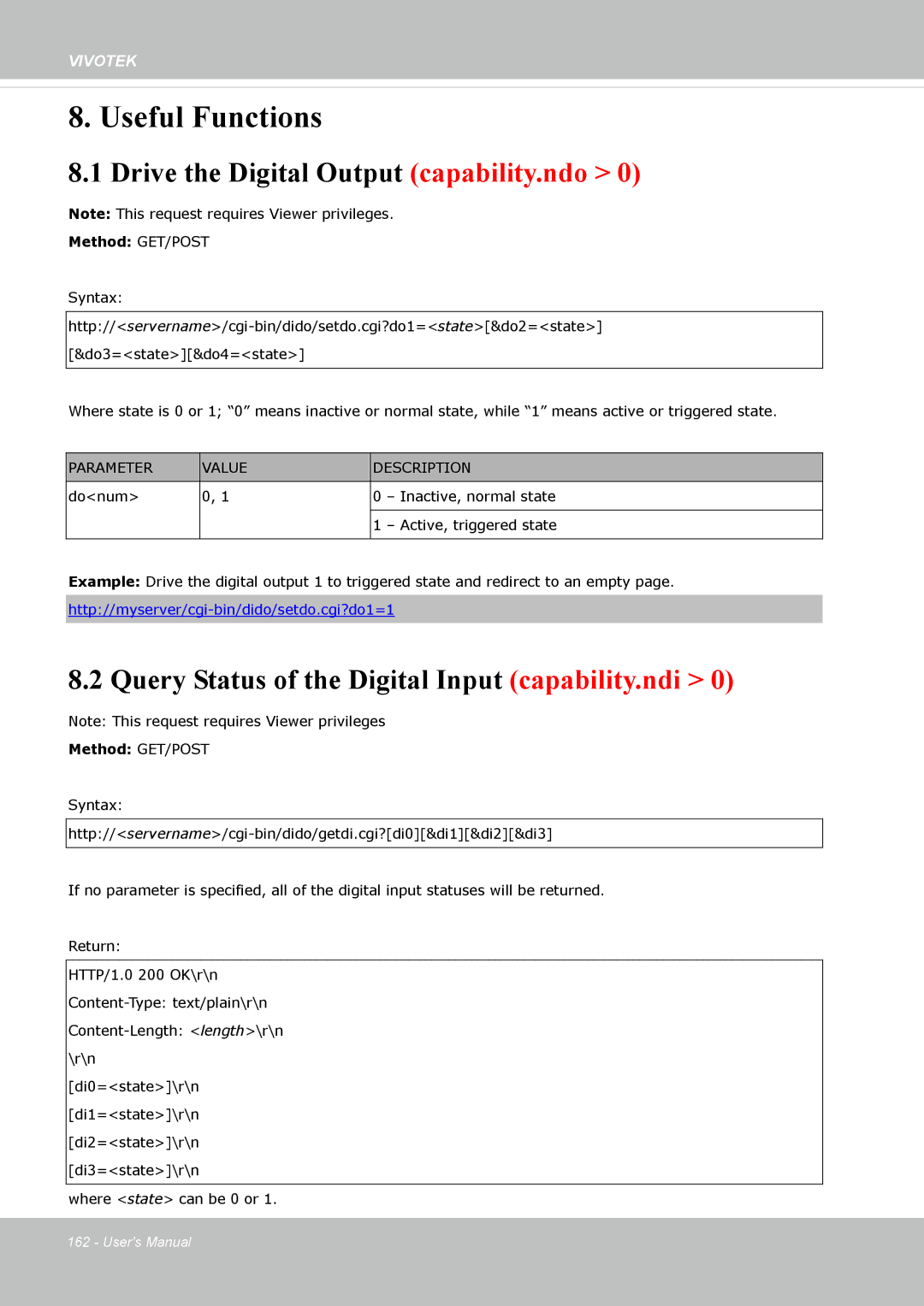 Vivotek FD8162 manual Drive the Digital Output capability.ndo, Query Status of the Digital Input capability.ndi 