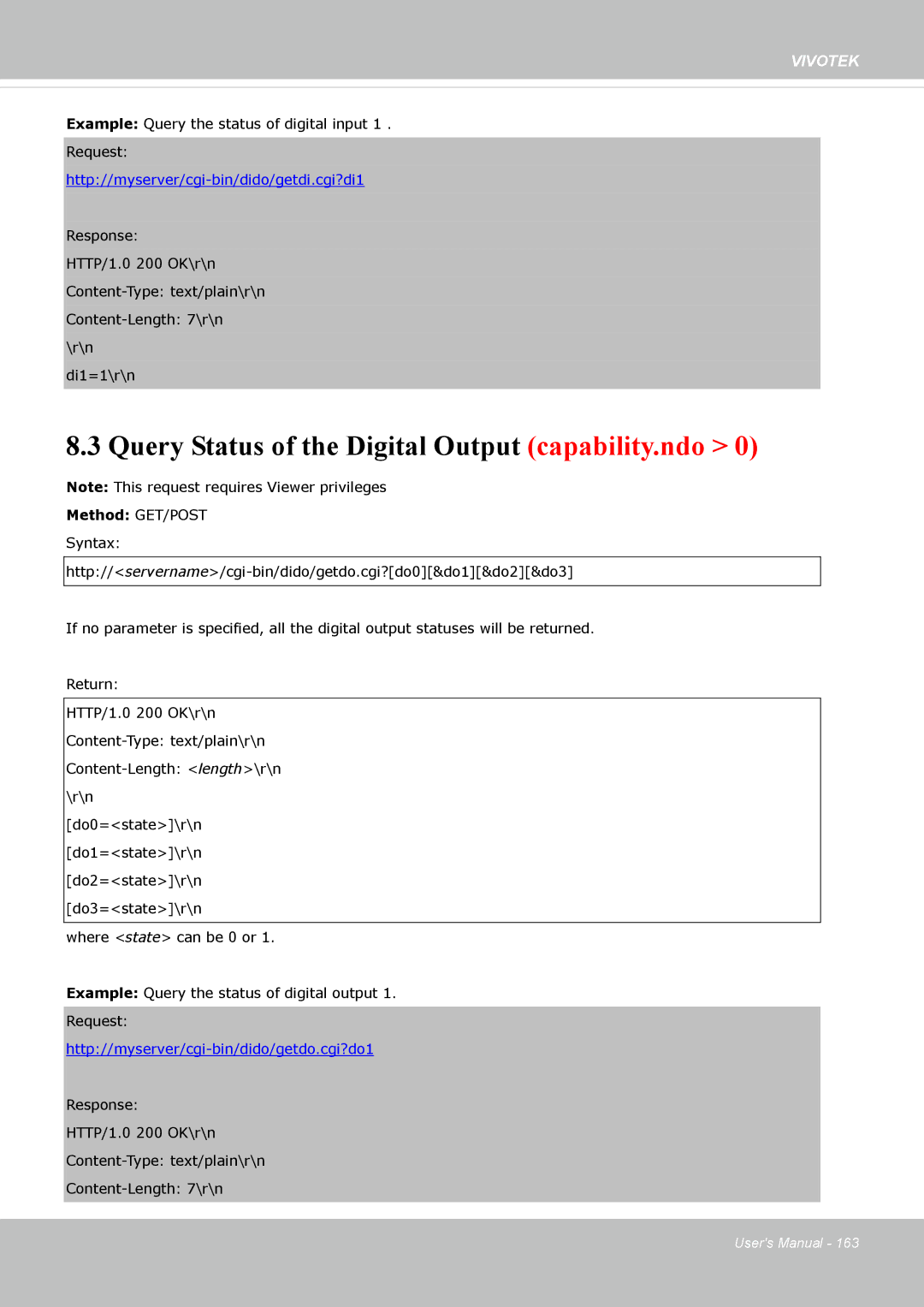 Vivotek FD8162 manual Query Status of the Digital Output capability.ndo, Http//myserver/cgi-bin/dido/getdi.cgi?di1 