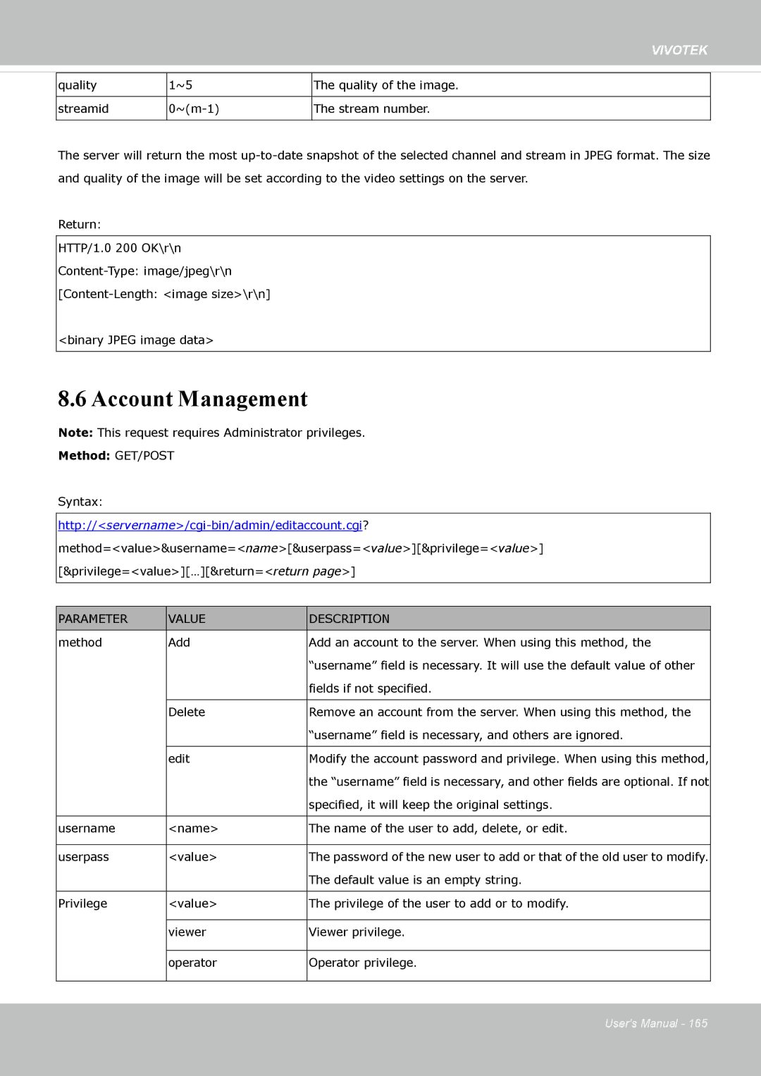 Vivotek FD8162 manual Account Management 