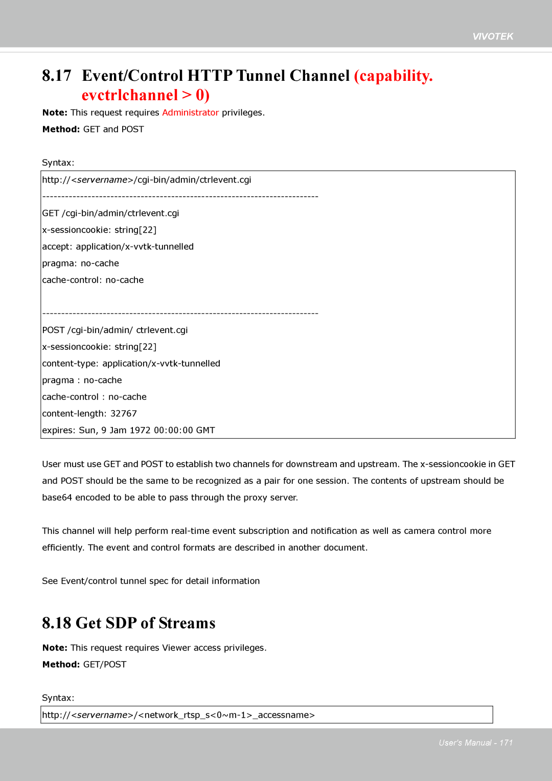 Vivotek FD8162 manual Event/Control Http Tunnel Channel capability, Get SDP of Streams 