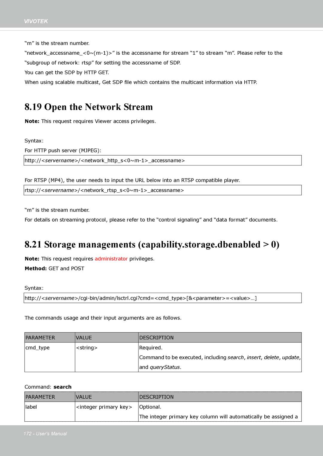 Vivotek FD8162 manual Open the Network Stream, Storage managements capability.storage.dbenabled 