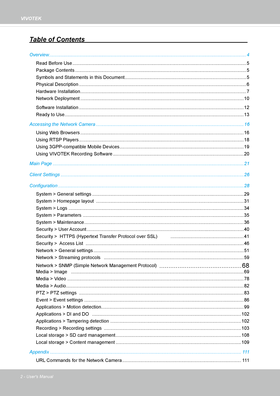 Vivotek FD8162 manual Table of Contents 