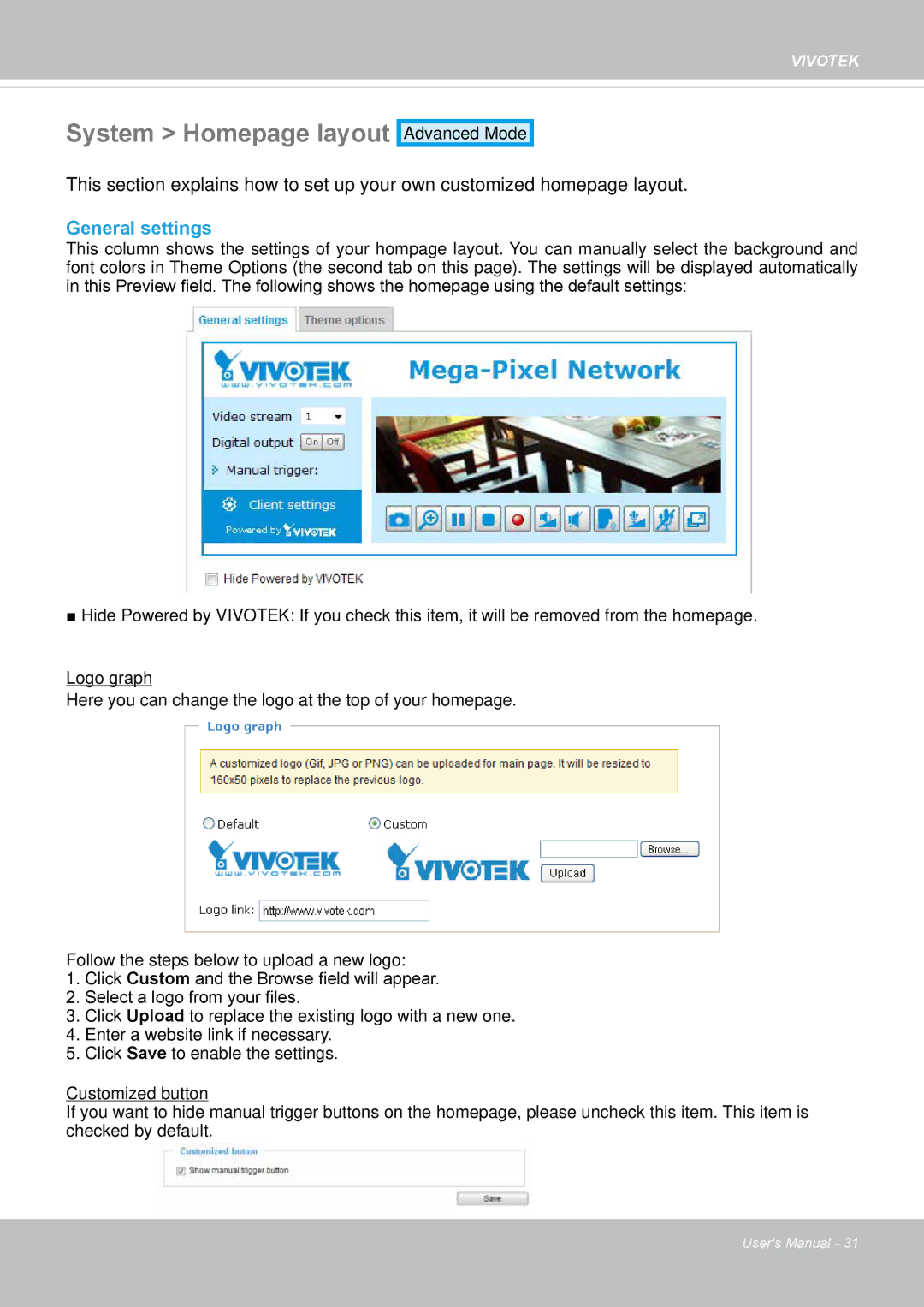 Vivotek FD8162 manual System Homepage layout, General settings 