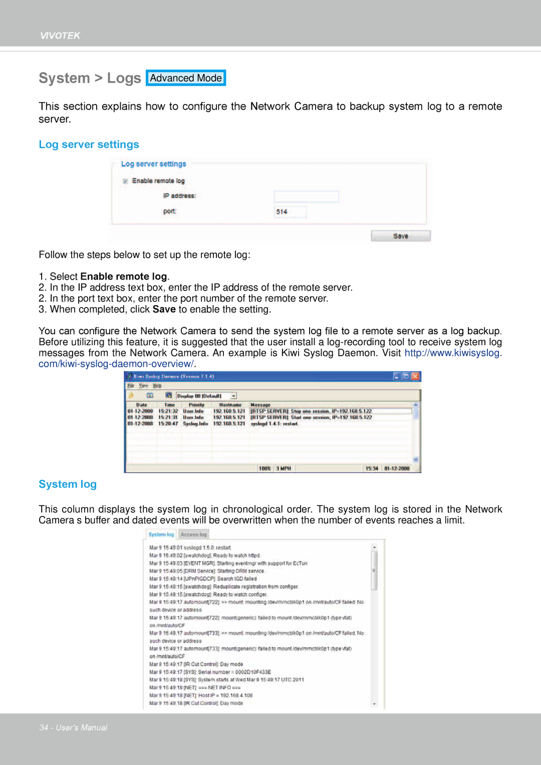 Vivotek FD8162 manual System Logs, Log server settings, System log 